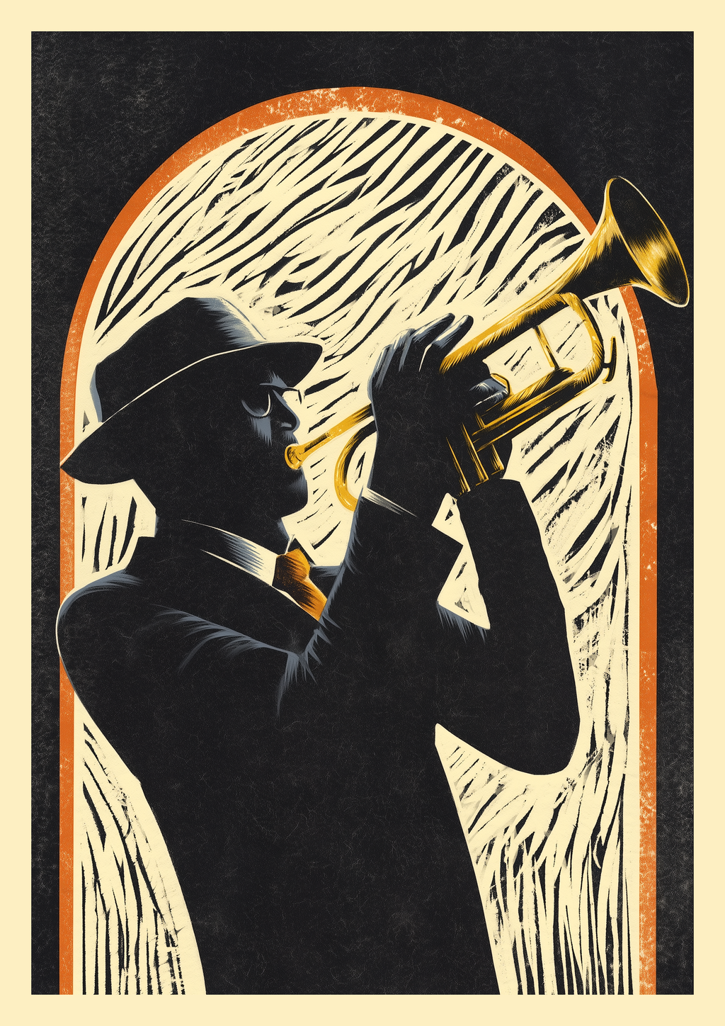 Brazz Soul – Jazztropeter Silhouette spielt goldene Trompete | Retro-Plakat-Optik – eleganter Kunstdruck