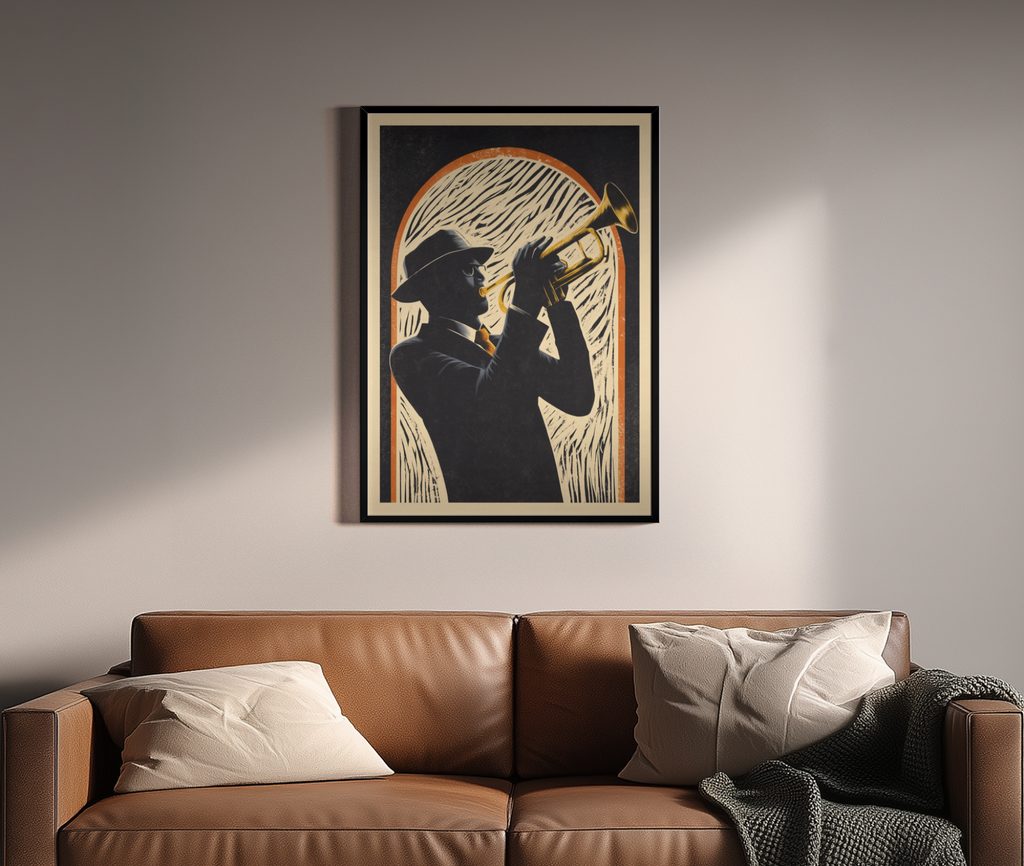 Brazz Soul – Jazz-Musiker Silhouette Retro-Bogenrahmen | Holzschnitt-Optik – Wandbild über braunem Ledersofa