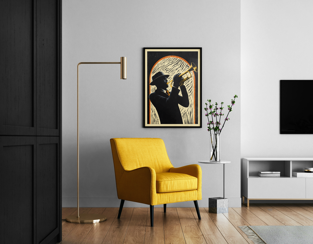 Brazz Soul – dunkle Jazz-Szene goldene Trompete Retro | Vintage-Plakat-Kunstdruck – Wandbild im modernen Wohnzimmer