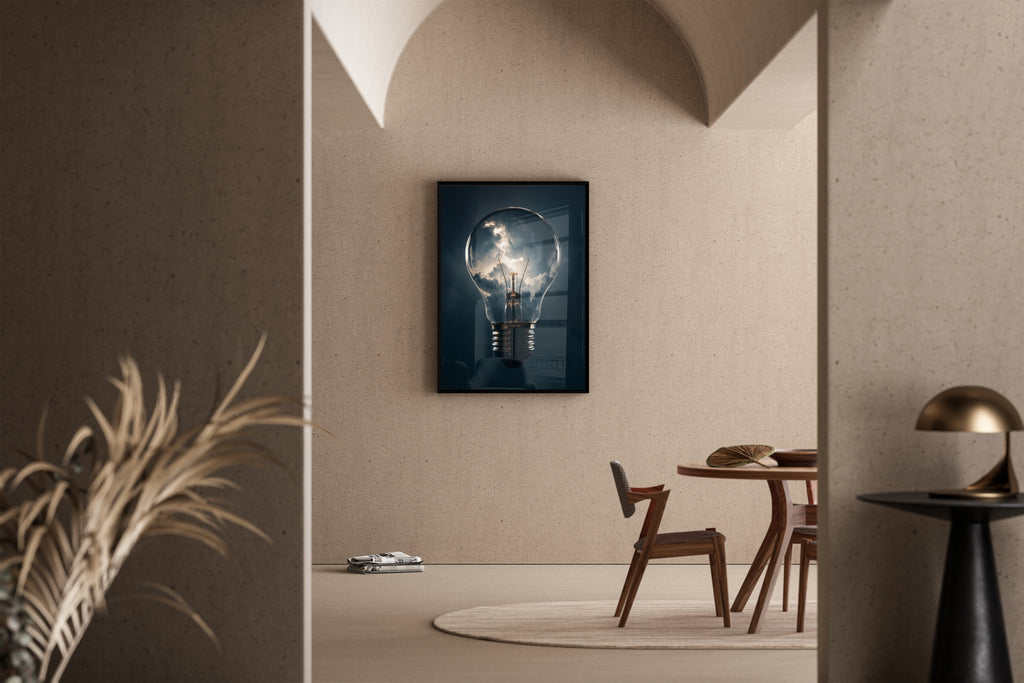 Bulb Fiction – Glühbirne Gewitter fotorealistisch – Poster im Esszimmer | Wanddekoration