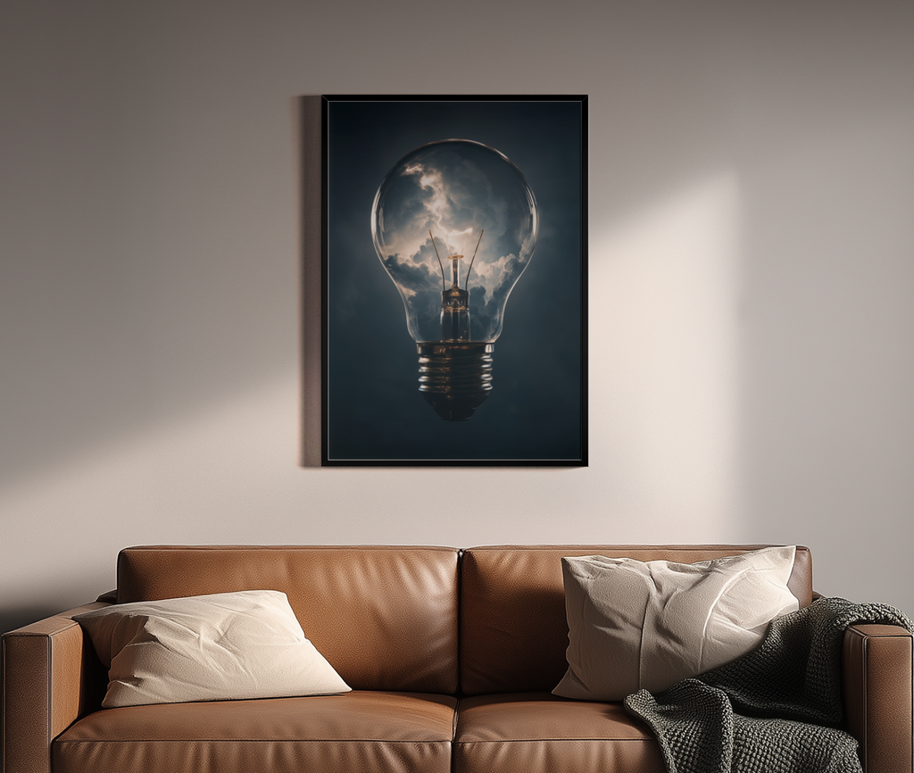 Bulb Fiction Compositing-Kunstdruck – Glühbirne Blitz Wolken – Wandbild über braunem Ledersofa