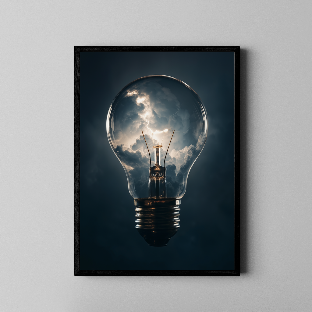 Bulb Fiction – Gewitter in Glühbirne Compositing | Fine Art Poster im schwarzen Rahmen