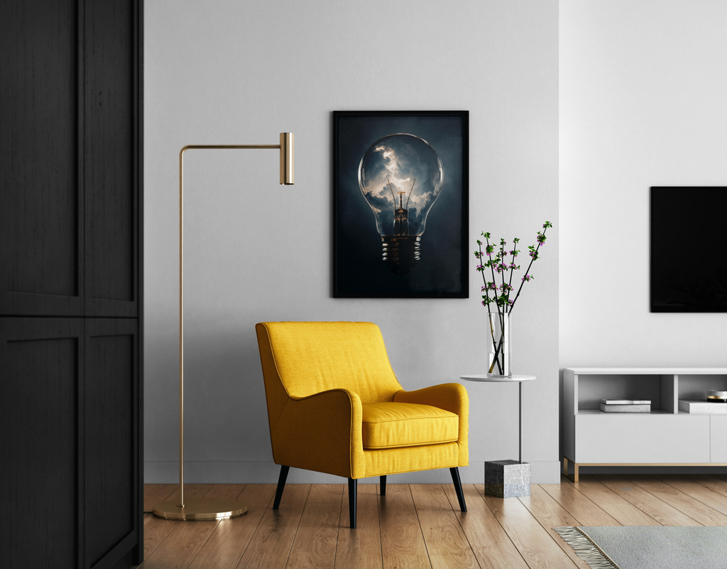 Bulb Fiction | Glühbirne mit Blitz und Wolken – fotorealistisches Wandbild im modernen Wohnzimmer