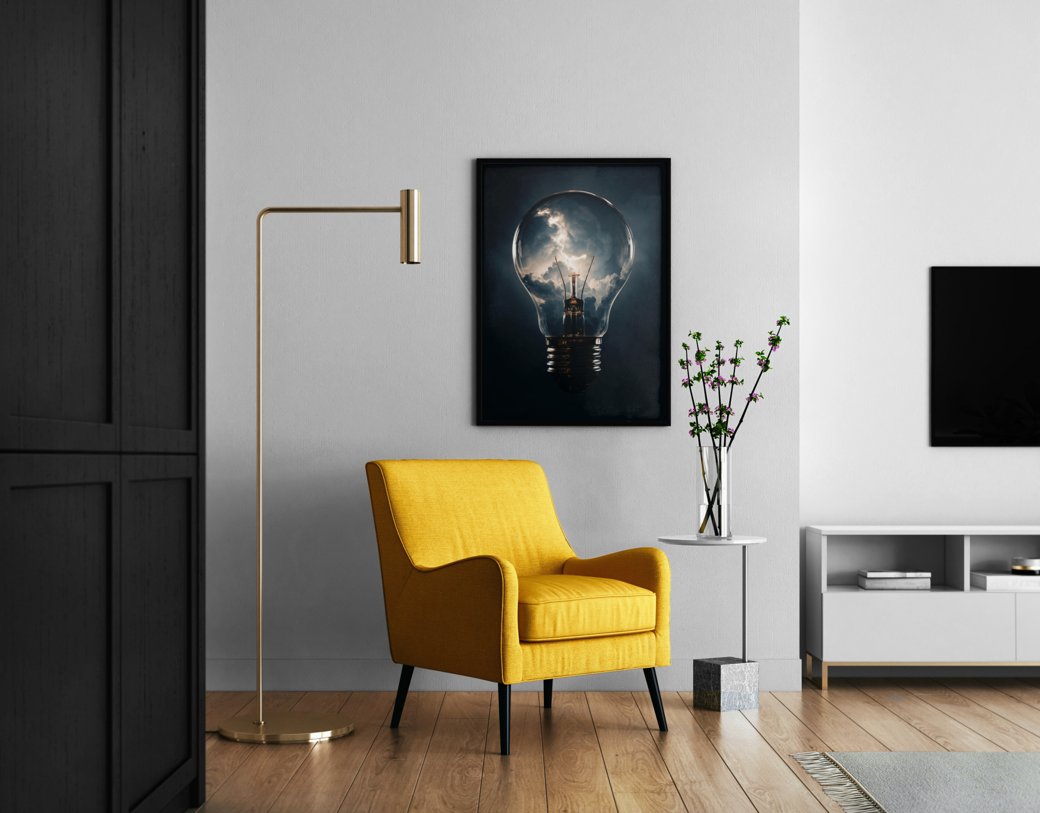 Bulb Fiction | Glühbirne mit Blitz und Wolken – fotorealistisches Wandbild im modernen Wohnzimmer