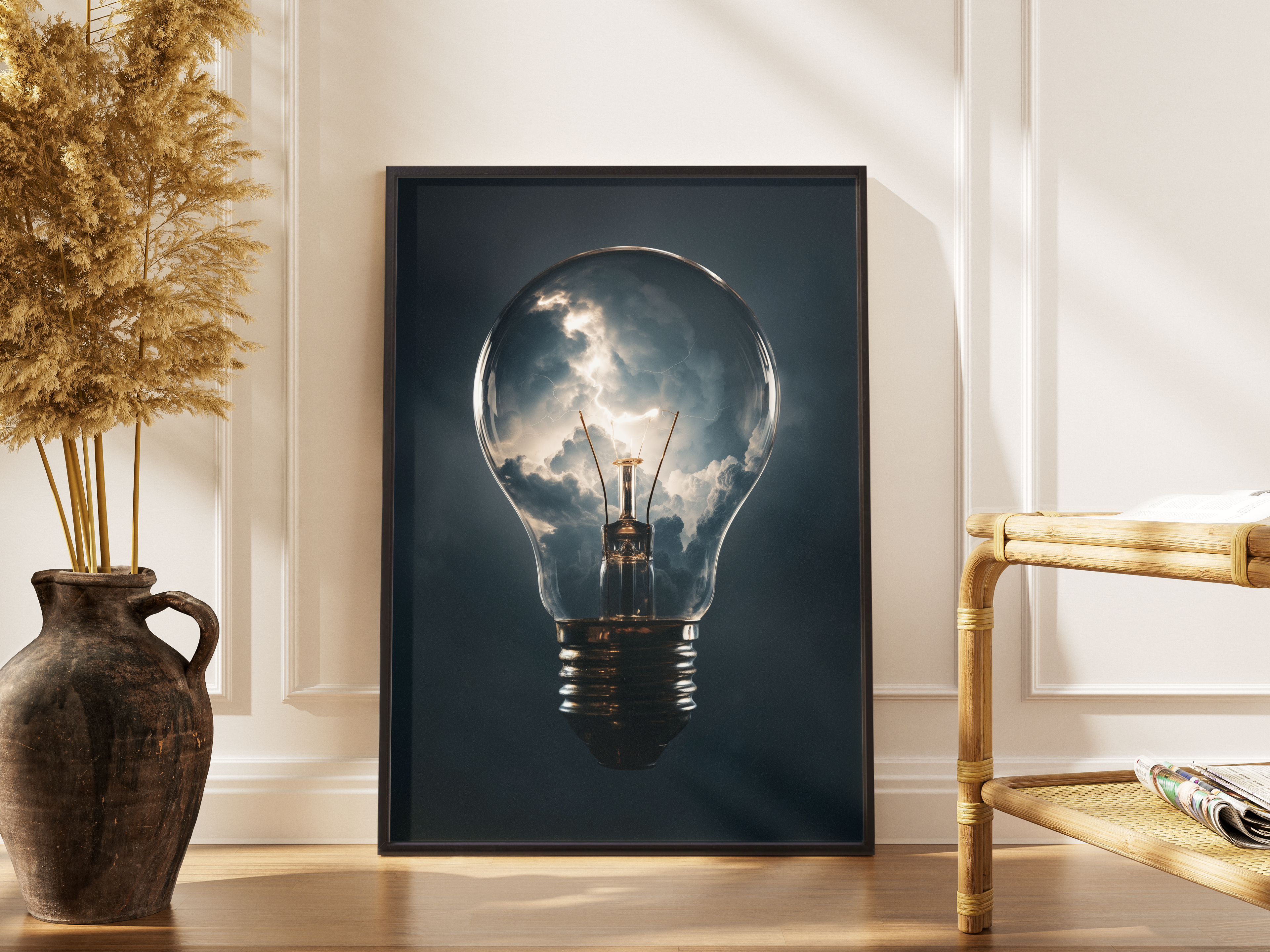 Bulb Fiction Compositing – Glühbirne Gewitterwolken – gerahmtes Poster kaufen | Wanddekoration