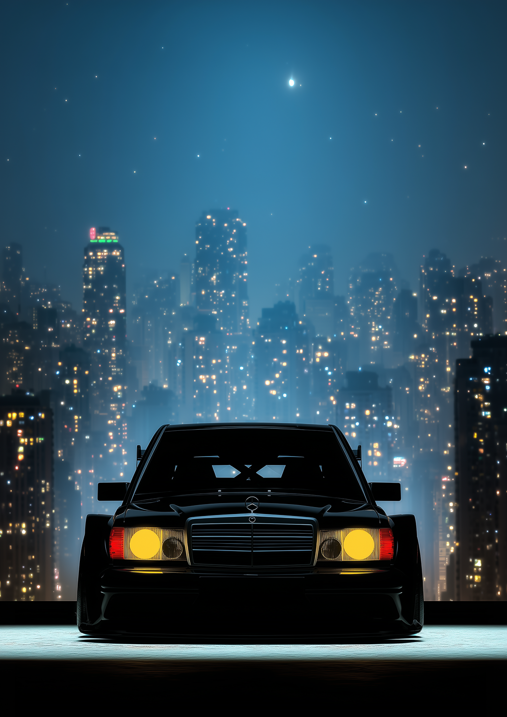 Mercedes 190E EVO II W201 vor nächtlicher Stadtkulisse – Oldtimer Automotive Kunstdruck