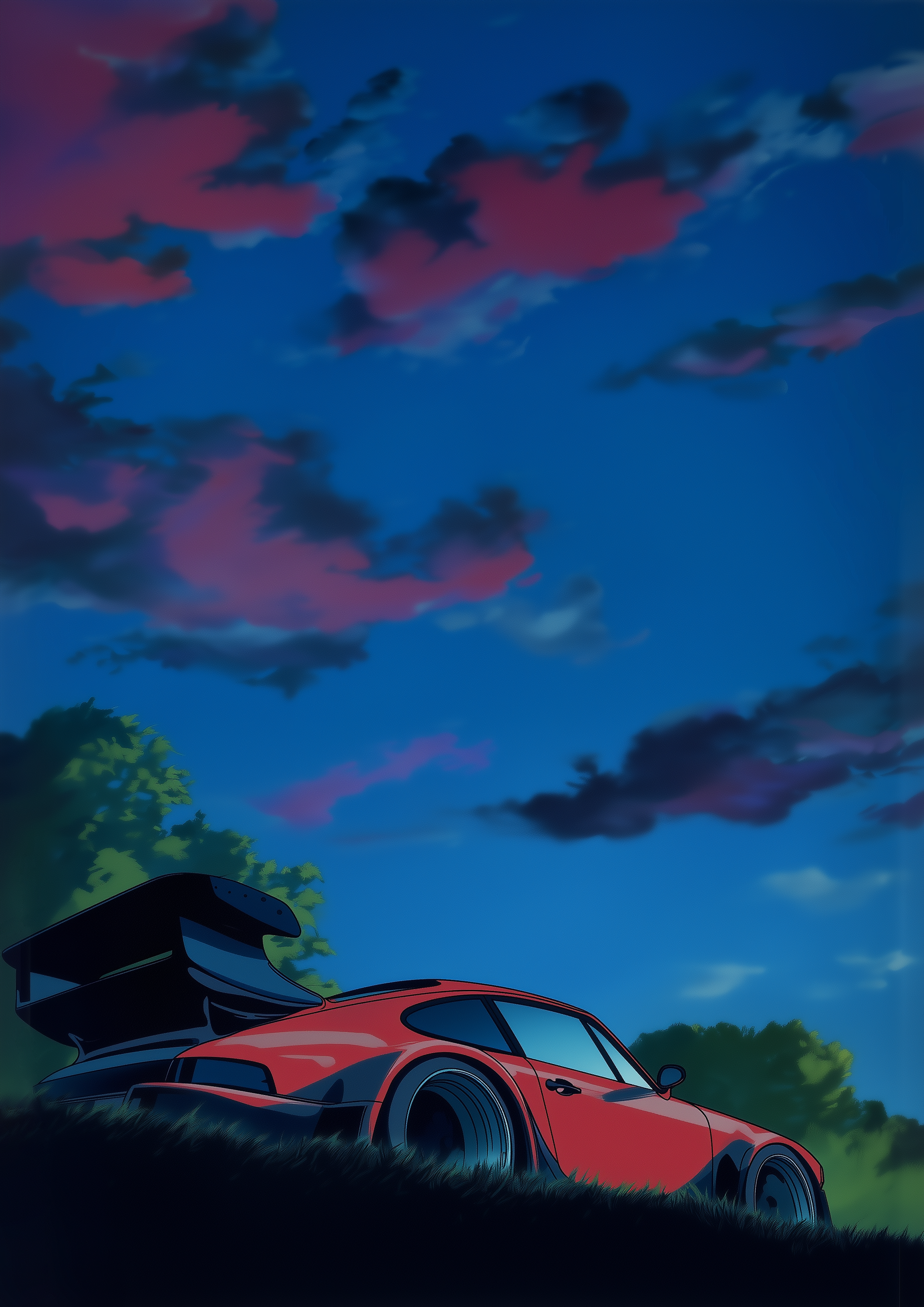 Roter Porsche 911 RWB unter Abendhimmel im Anime-Stil – JDM Automotive Kunstdruck