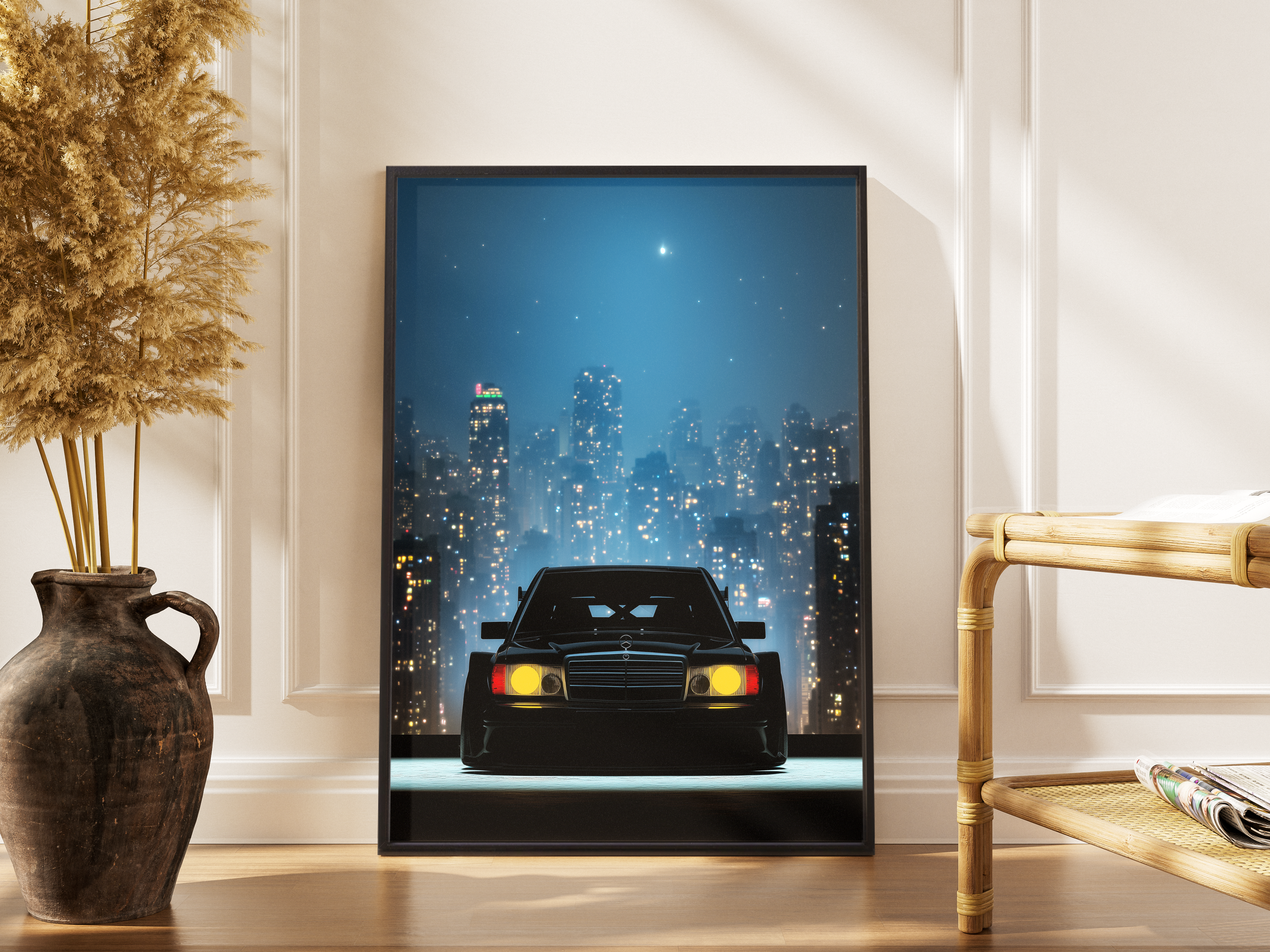Mercedes 190E EVO II W201 vor nächtlicher Stadtkulisse – gerahmter Automotive Kunstdruck kaufen