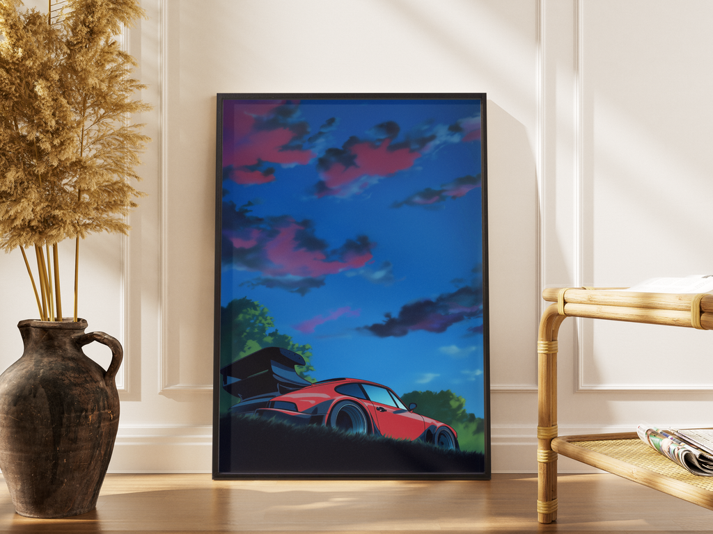Roter Porsche 911 RWB unter Abendhimmel im Anime-Stil – gerahmter Automotive Kunstdruck kaufen