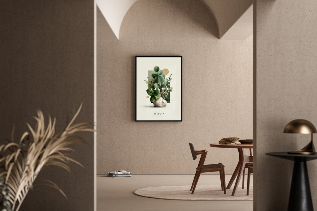 CALMA SELECTA – botanische Collage mit Eukalyptus auf Stein und Goldakzenten – Kunstdruck im mediterranen Esszimmer