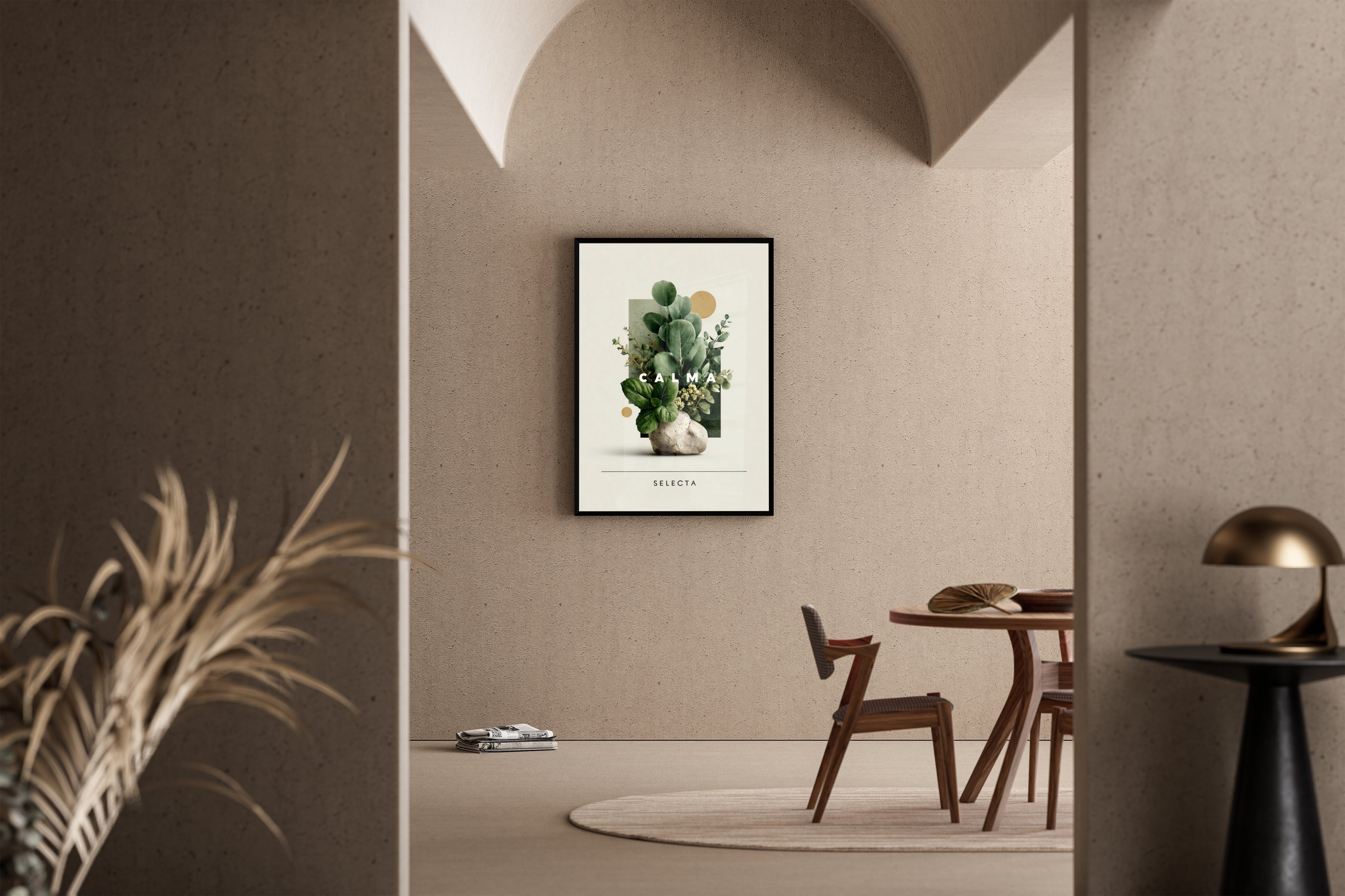 CALMA SELECTA – botanische Collage mit Eukalyptus auf Stein und Goldakzenten – Kunstdruck im mediterranen Esszimmer