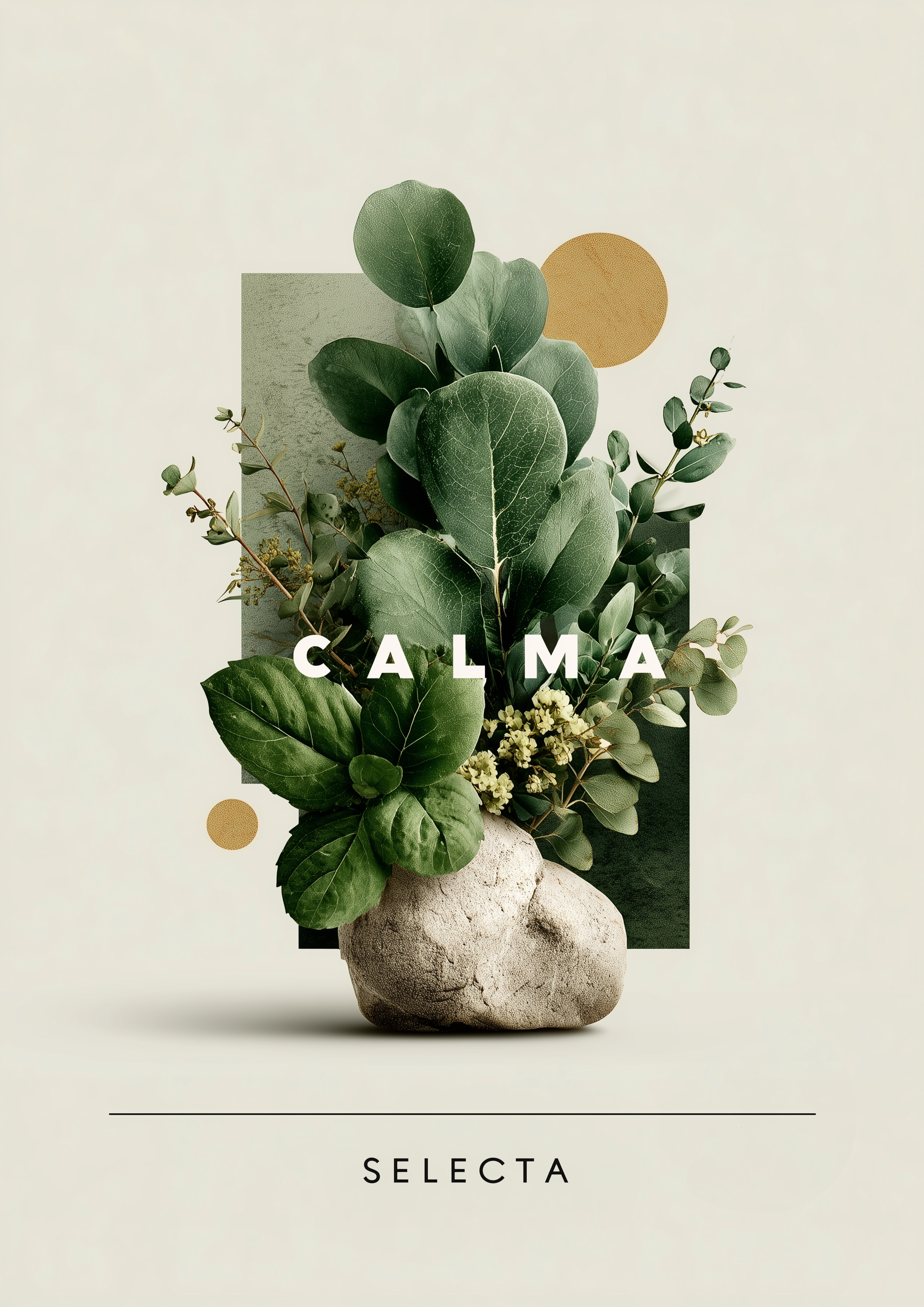 CALMA SELECTA – botanische Collage mit Eukalyptus auf Stein und Goldakzenten – minimalistischer Fine Art Kunstdruck