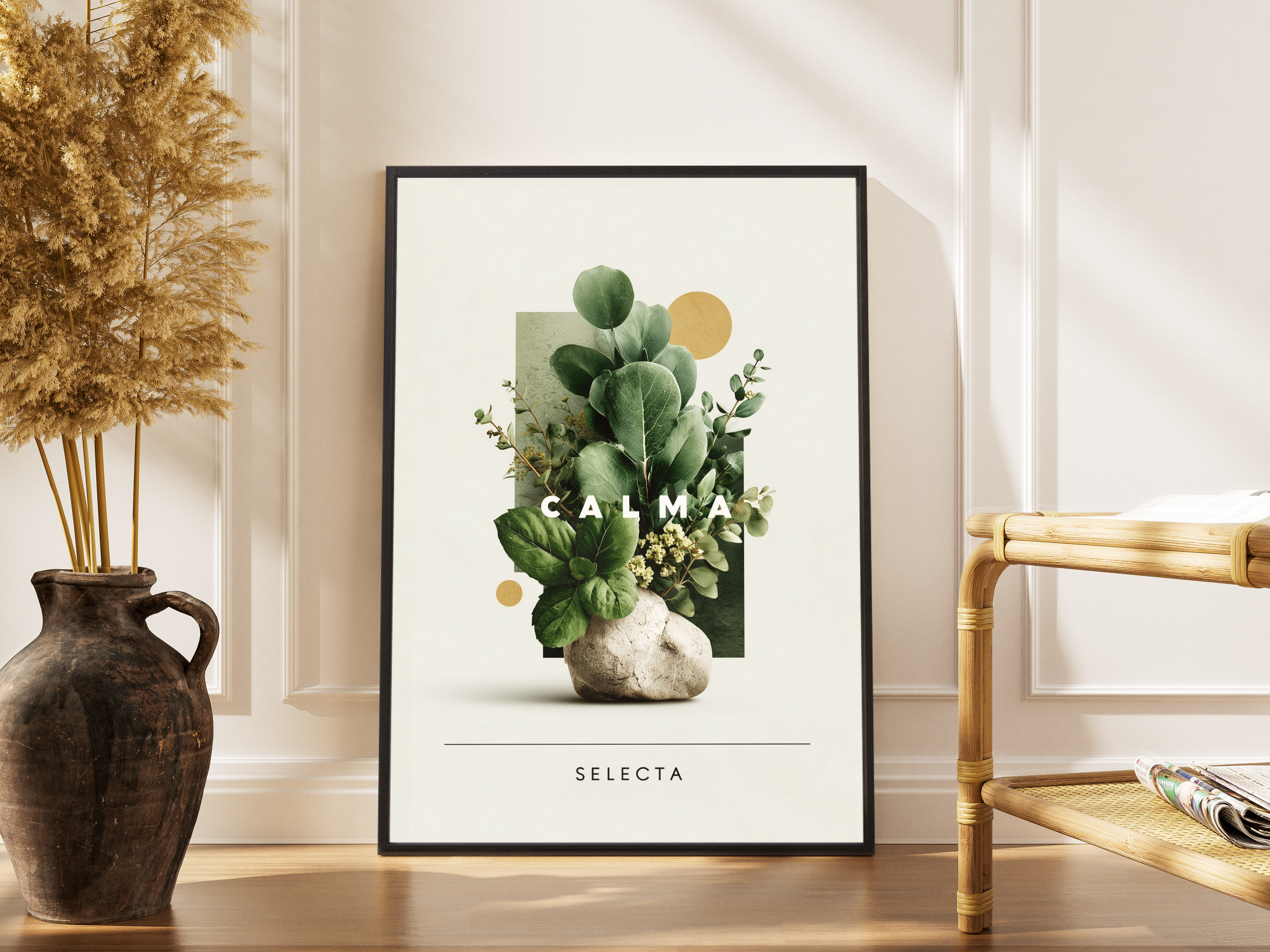 CALMA SELECTA – botanische Collage mit Eukalyptus auf Stein und Goldakzenten – gerahmter Fine Art Kunstdruck kaufen