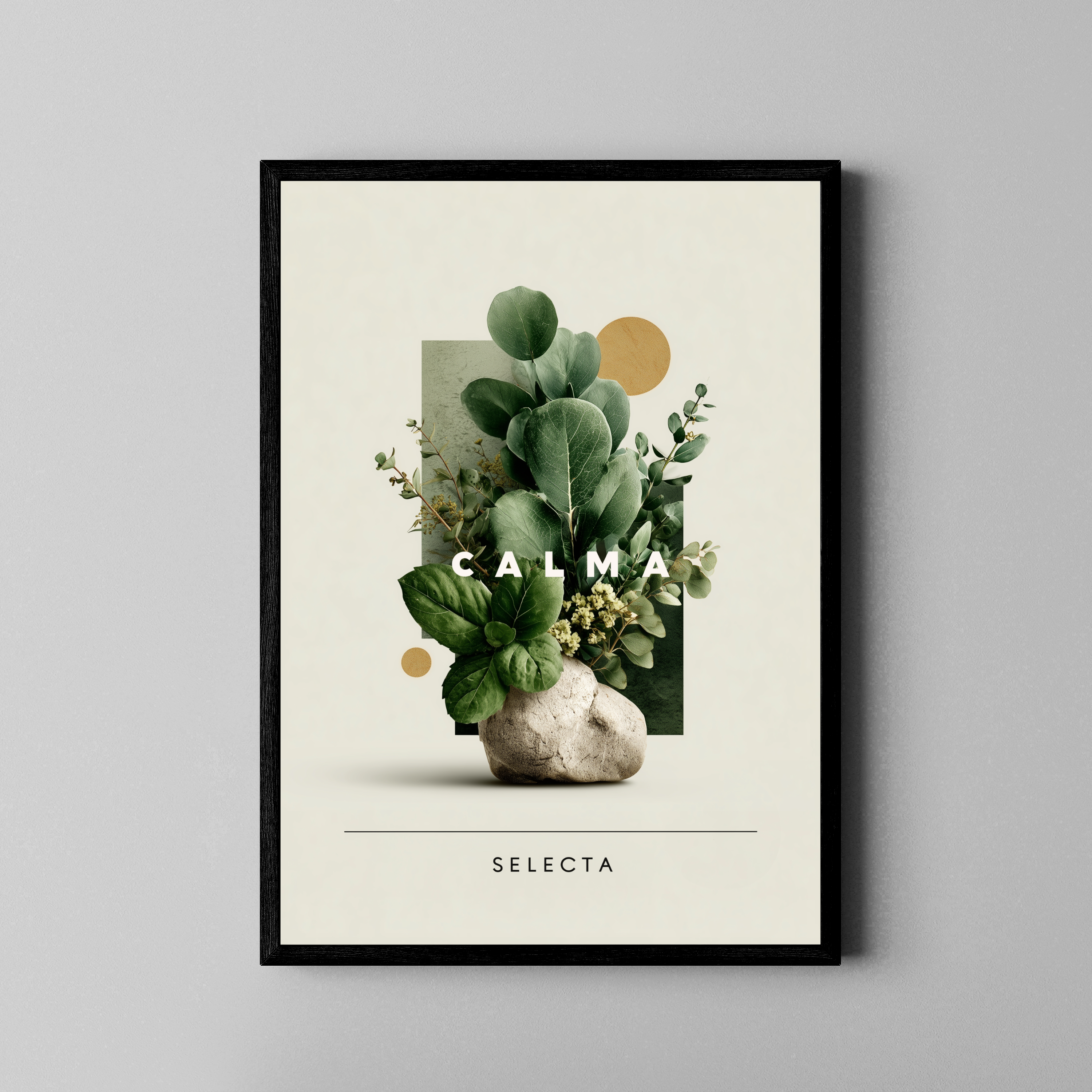 CALMA SELECTA – botanische Collage mit Eukalyptus auf Stein und Goldakzenten – Fine Art Poster im schwarzen Rahmen