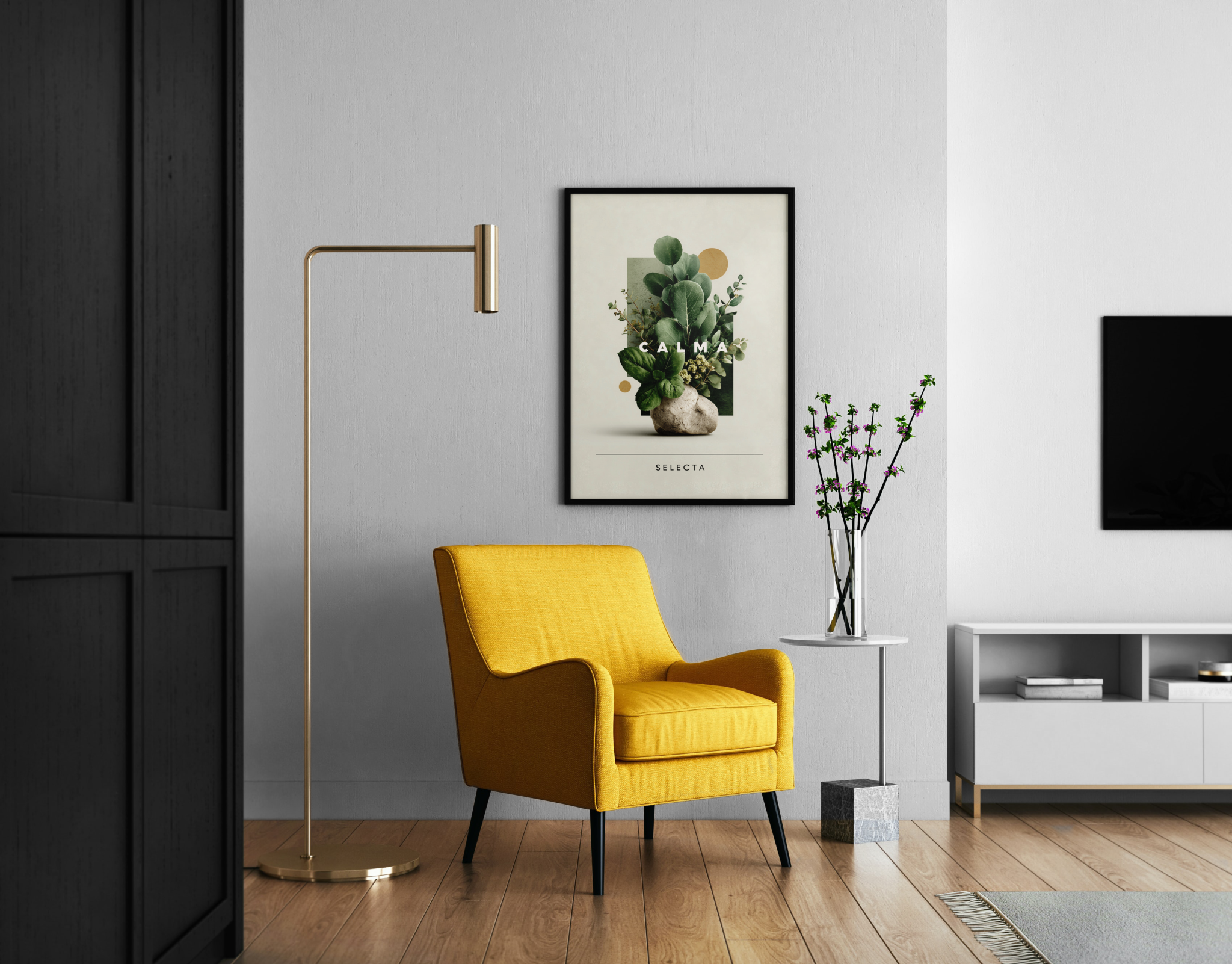 CALMA SELECTA – botanische Collage mit Eukalyptus auf Stein und Goldakzenten – minimalistischer Poster im modernen Wohnzimmer