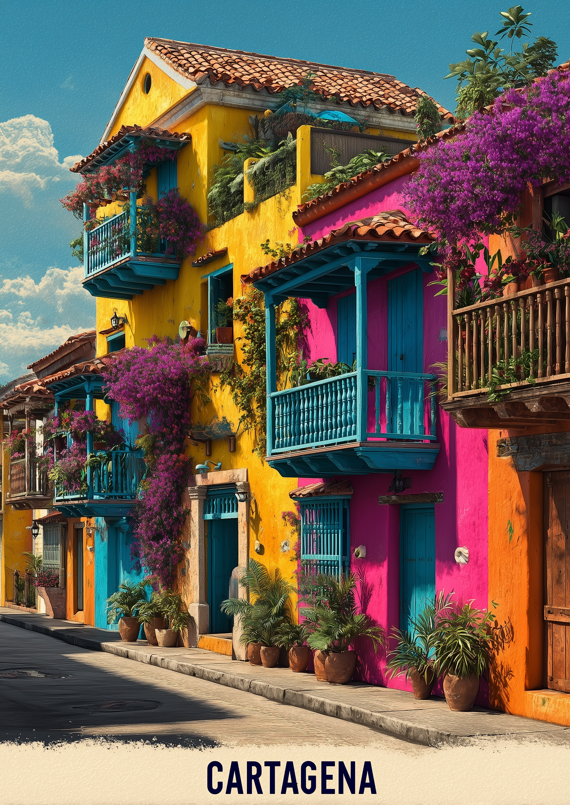 CARTAGENA – bunte koloniale Fassaden mit Bougainvillea – Travel Retro Kunstdruck