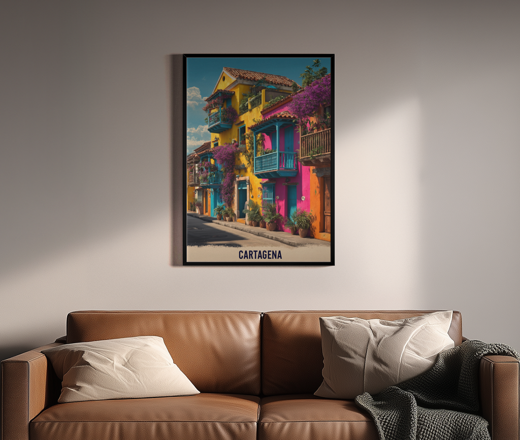 CARTAGENA – bunte koloniale Fassaden mit Bougainvillea – Wandbild über braunem Ledersofa