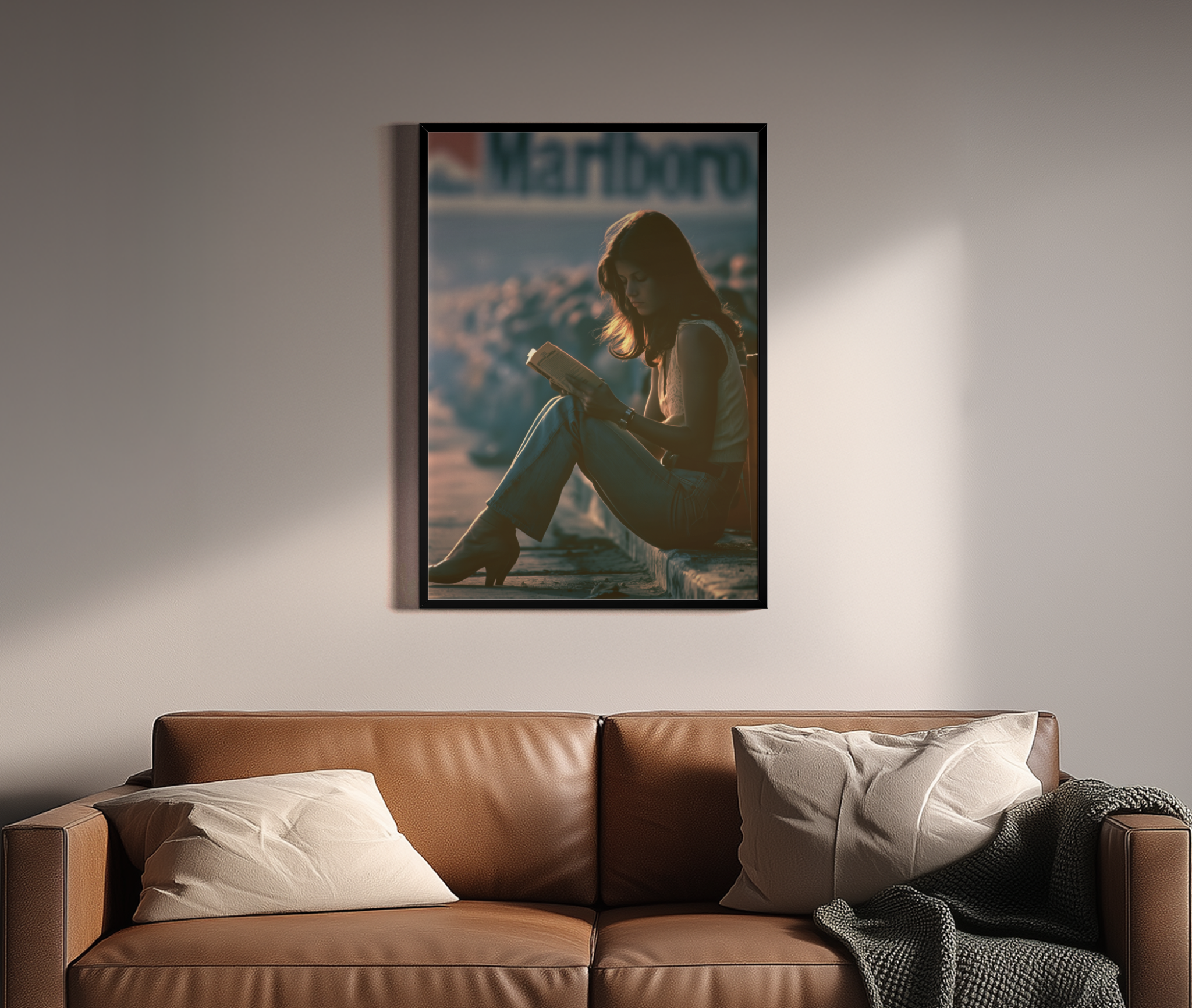 Chapter & Filter – Vintage Paddock-Szene lesende Frau Marlboro Banner | Analog-Foto-Optik – Wandbild über braunem Ledersofa