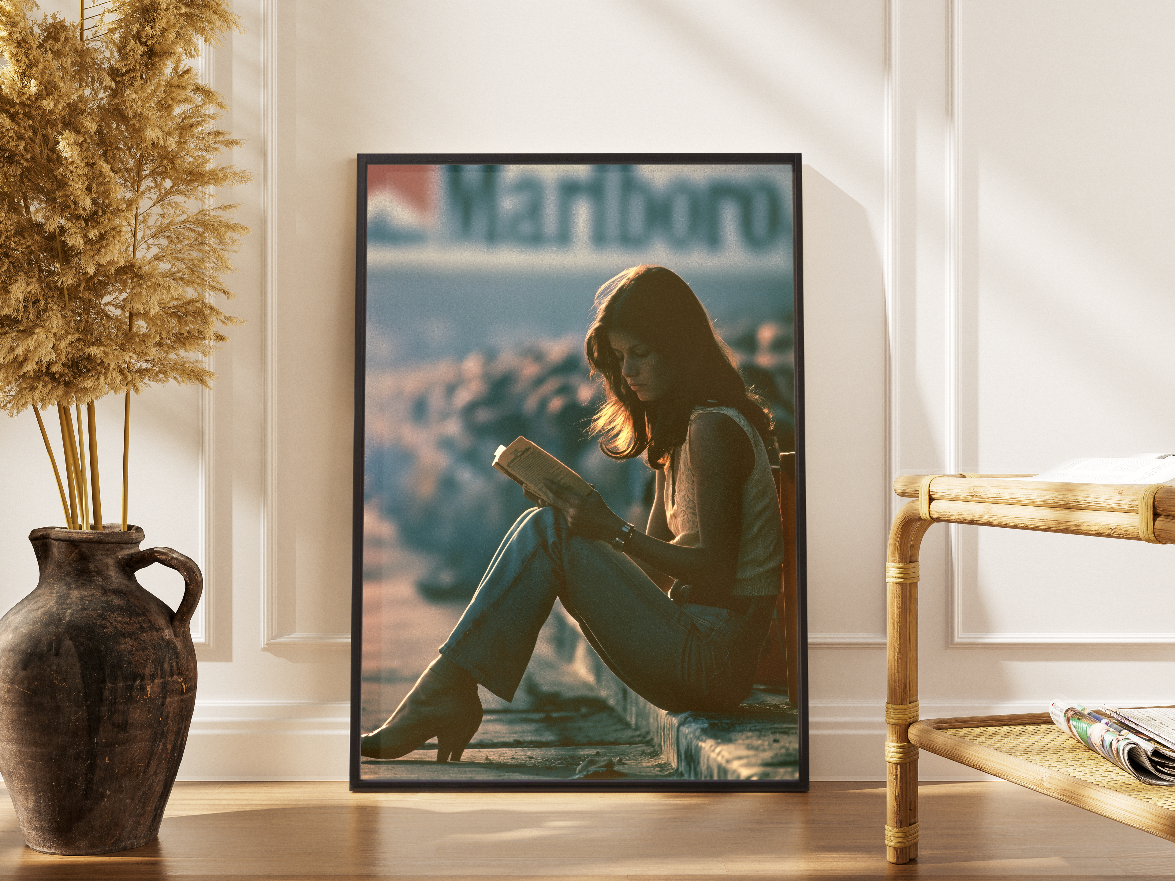 Chapter & Filter – Analoge Paddock-Szene Frau mit Buch F1-Umfeld | Retro-Fotodruck – gerahmtes Poster kaufen