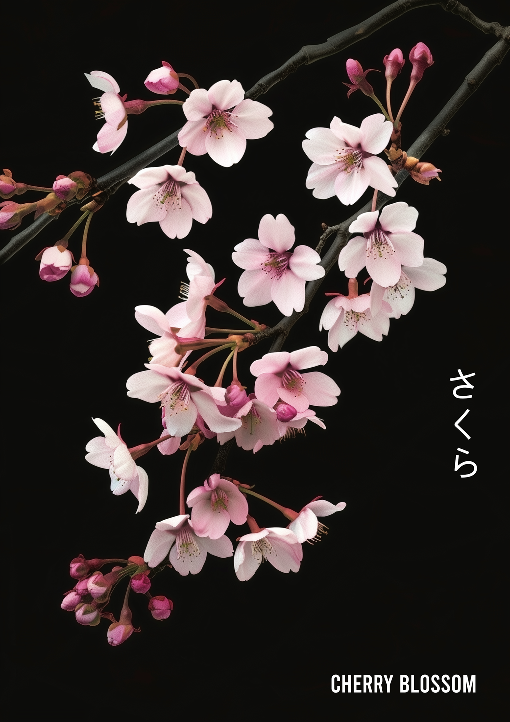 Sakura Kirschblüten auf schwarzem Hintergrund mit japanischem Schriftzug – Fine Art Kunstdruck