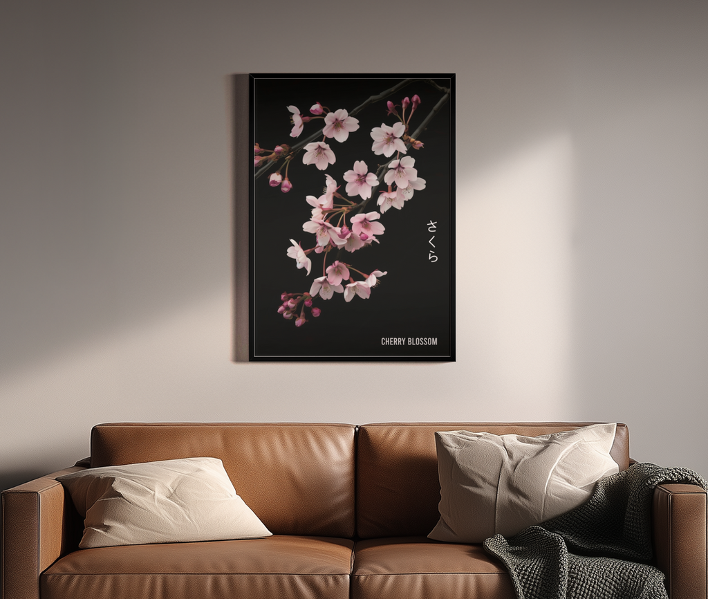 Sakura Kirschblüten auf schwarzem Hintergrund mit japanischem Schriftzug – Wandbild über braunem Ledersofa