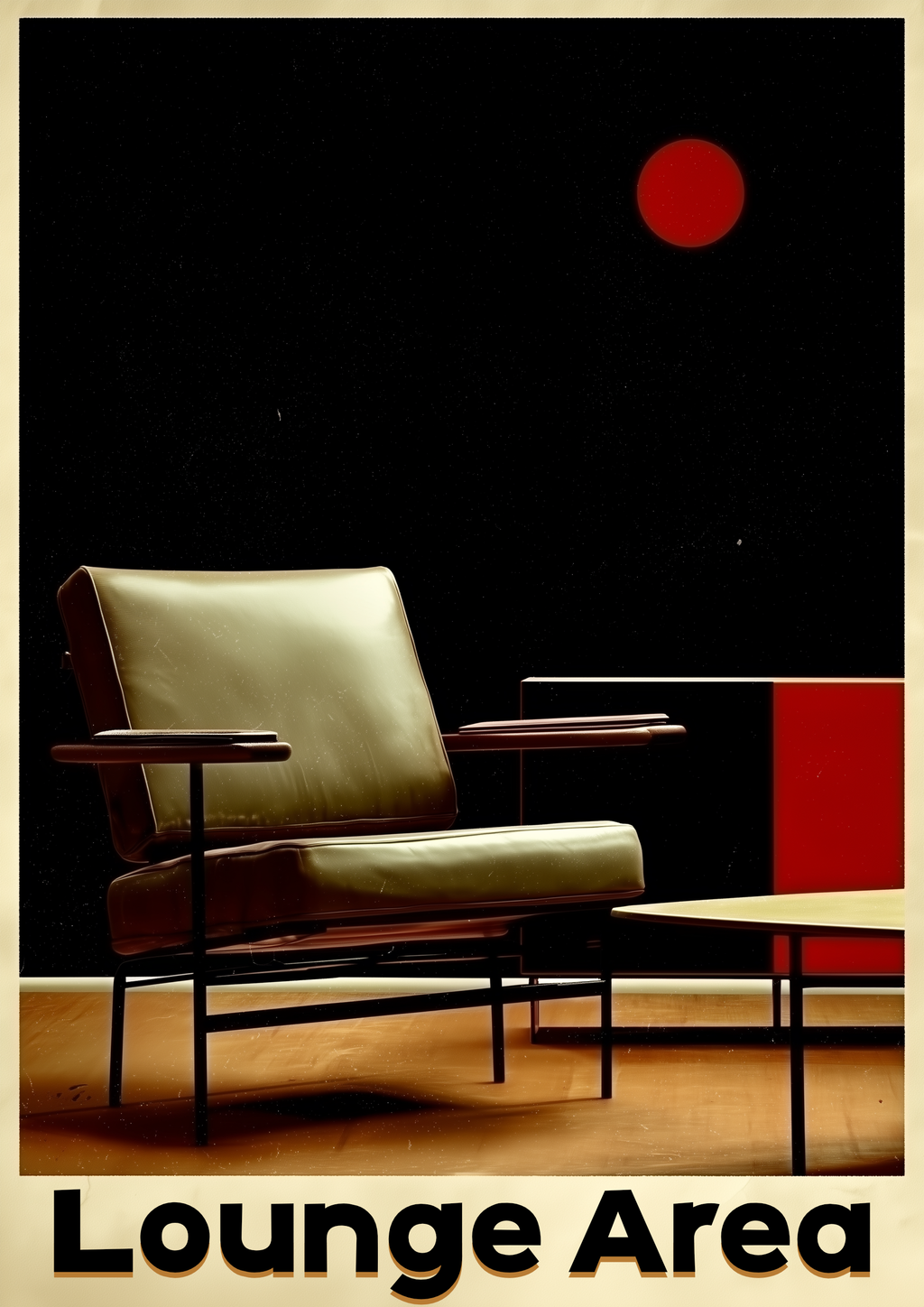 Lounge Area Schriftzug mit Mid-Century Sessel und rotem Kreis – Retro Interior Kunstdruck