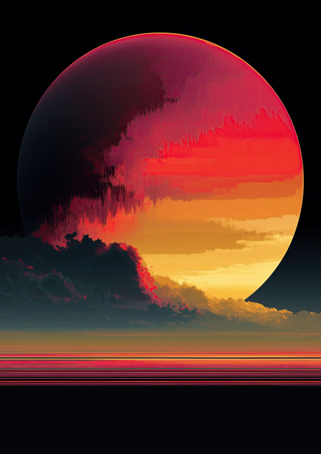 Cloud Nine Degrees – Retrowave-Planet über Wolken rot-orange-schwarz | Sci-Fi-Illustration-Optik – eleganter Kunstdruck