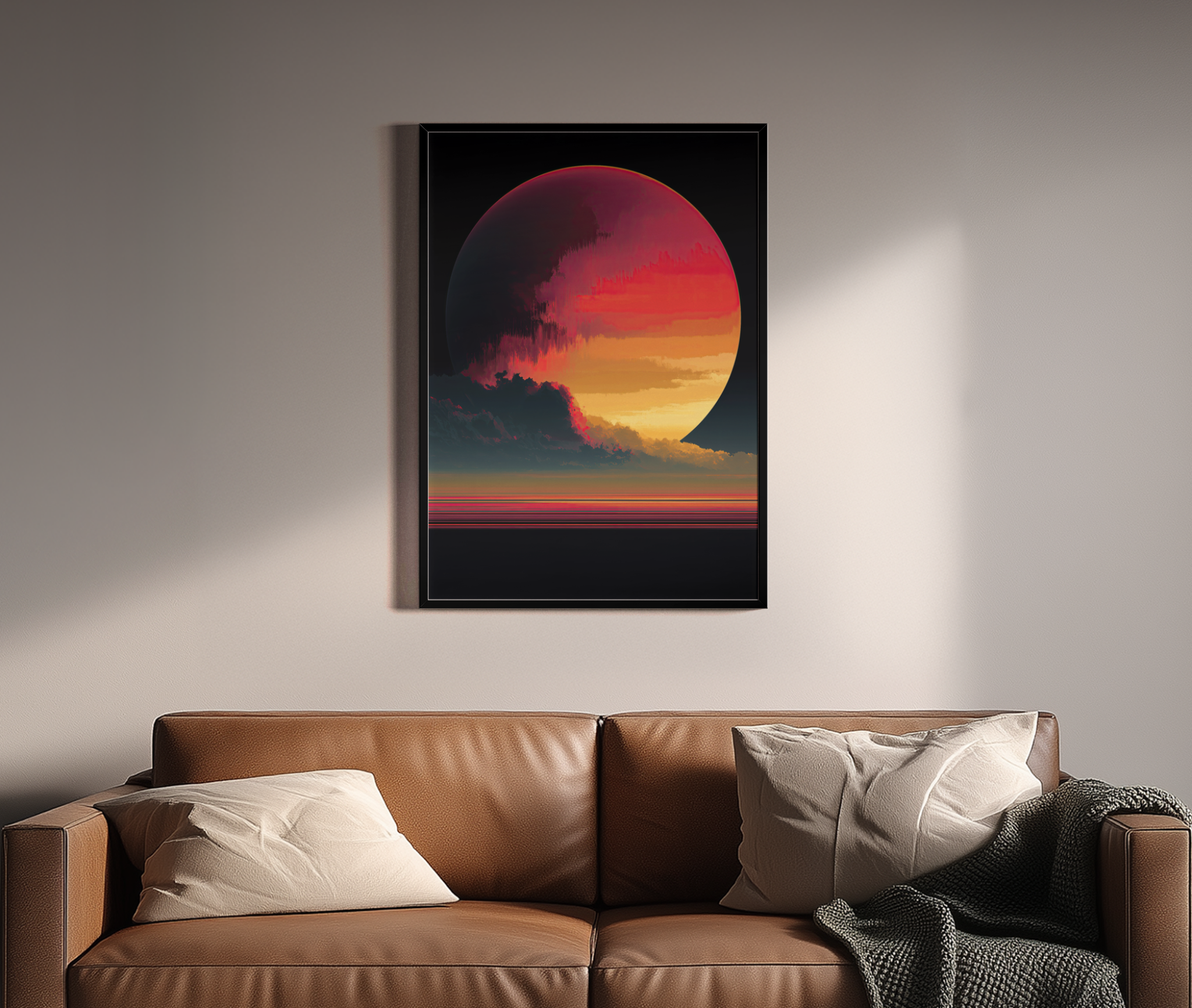 Cloud Nine Degrees – Synthwave-Planet dramatische Wolkenszene | Retrowave-Kunstdruck – Wandbild über braunem Ledersofa