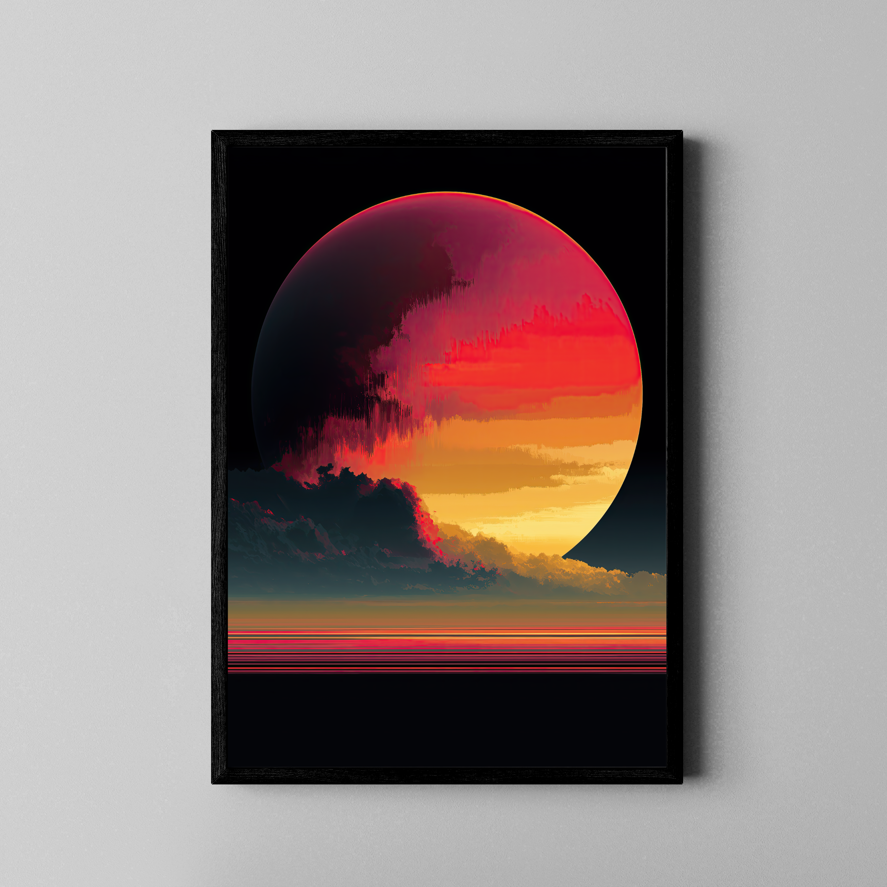 Cloud Nine Degrees – riesiger Planet Sonnenuntergang Wolken Glitch | Pixel-Art Fine Art Poster – Poster im schwarzen Rahmen