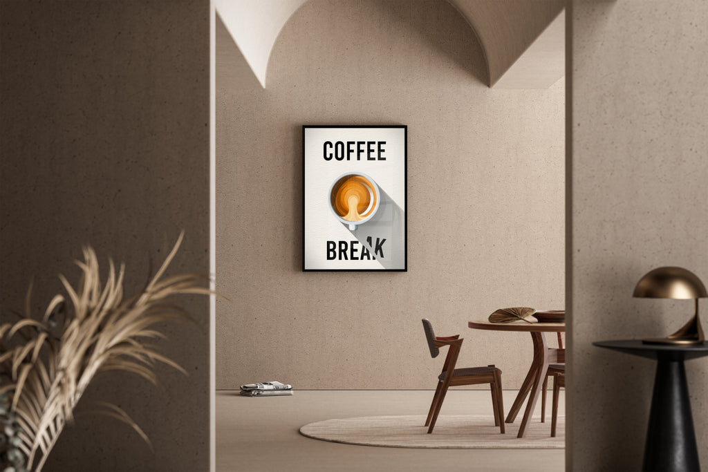 Coffee Break Schriftzug mit Kaffeetasse von oben – Kunstdruck im mediterranen Esszimmer