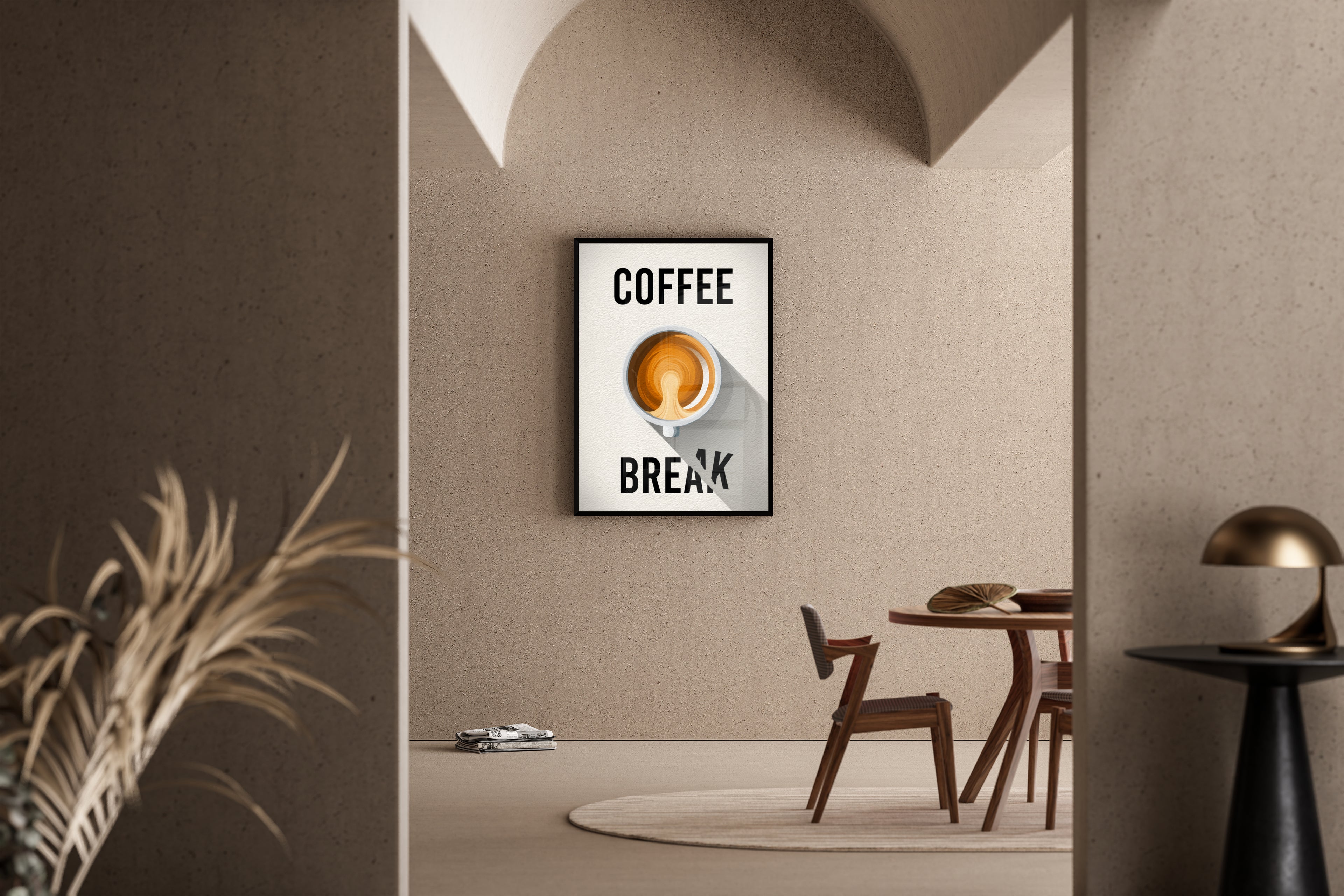 Coffee Break Schriftzug mit Kaffeetasse von oben – Kunstdruck im mediterranen Esszimmer