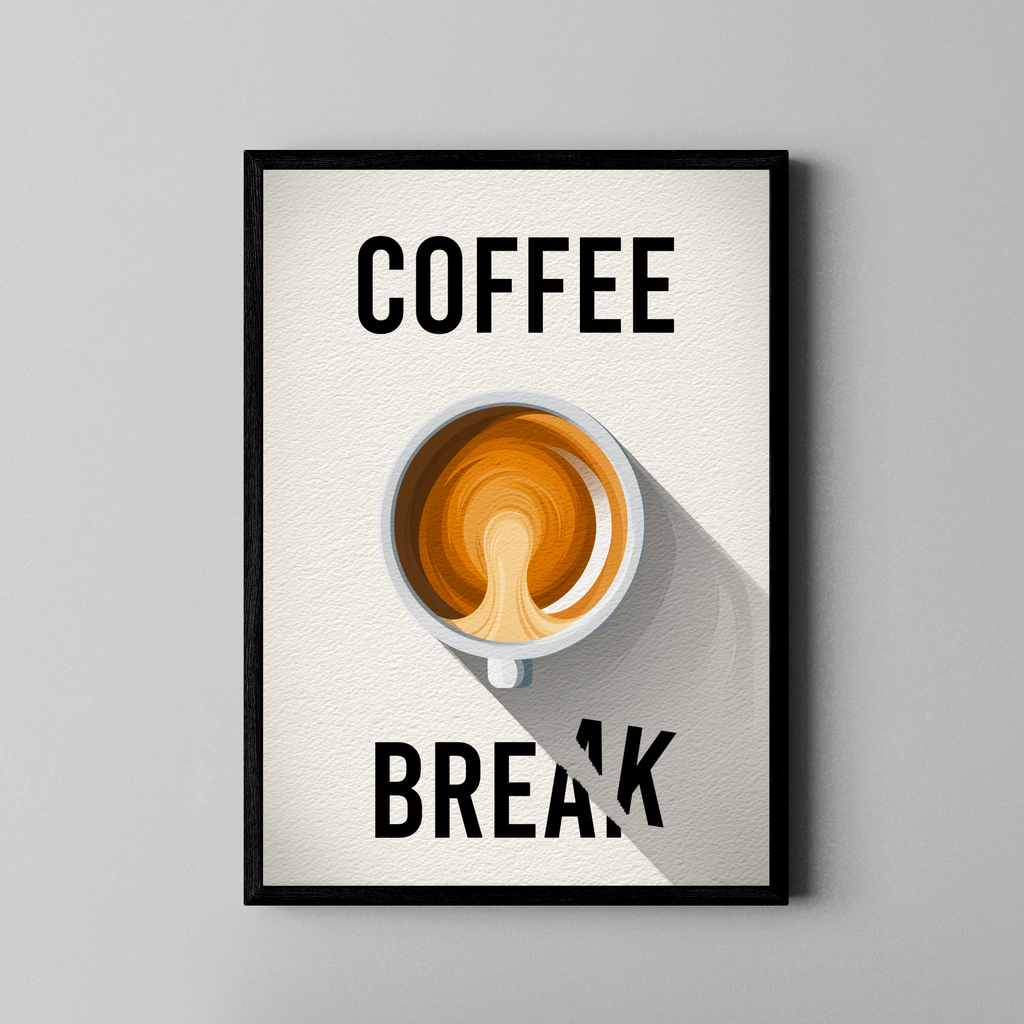 Coffee Break Schriftzug mit Kaffeetasse von oben – Küchen Poster im schwarzen Rahmen