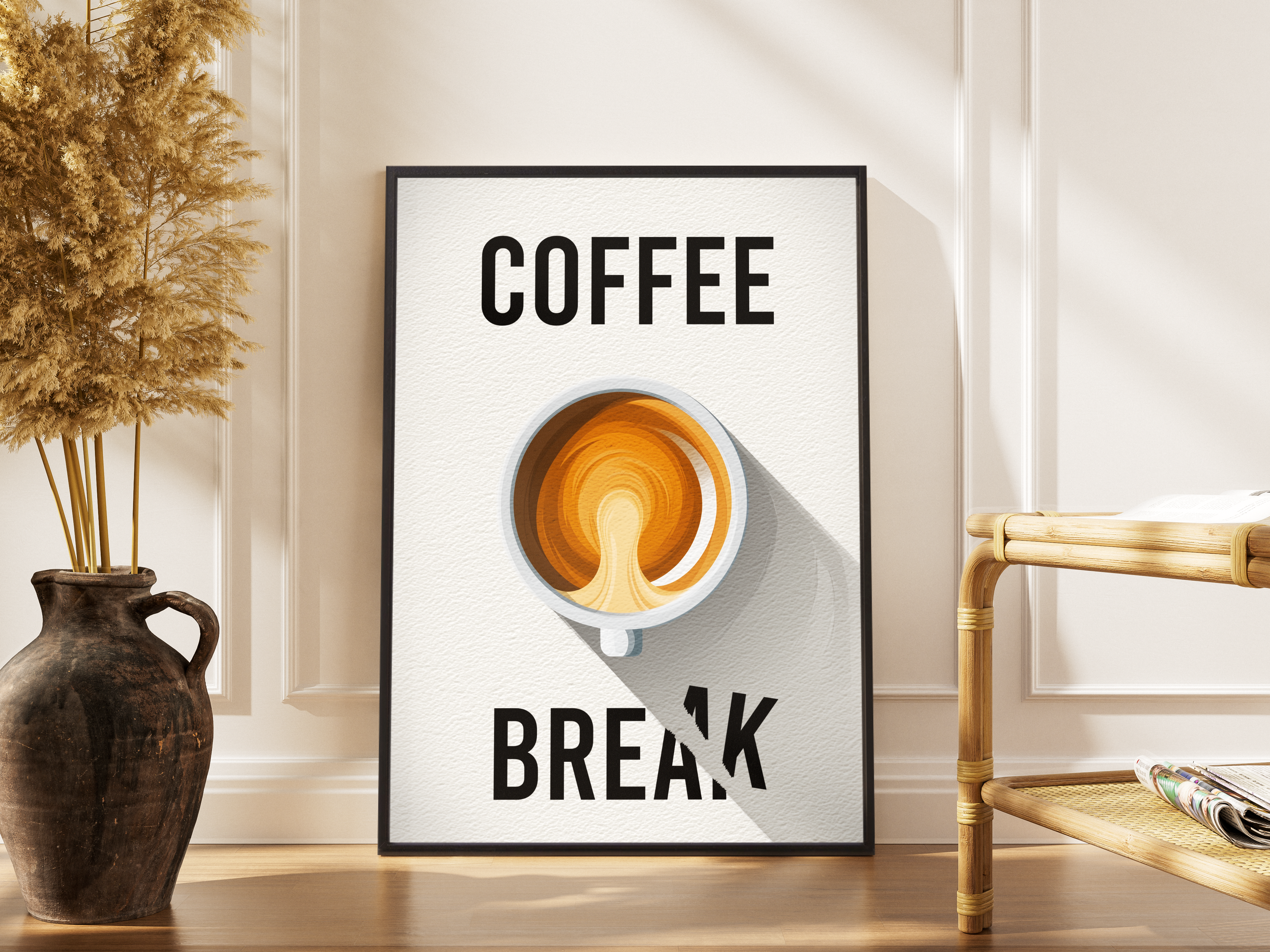 Coffee Break Schriftzug mit Kaffeetasse von oben – gerahmter Küchen Kunstdruck kaufen