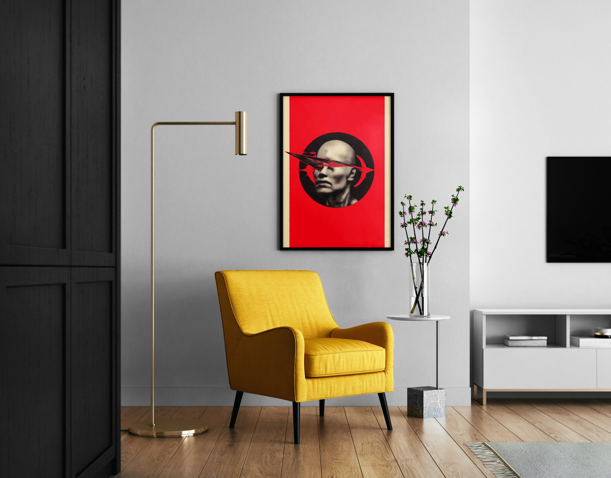 Steinbüste mit rotem Pfeil auf knalligem Rot im Konstruktivismus-Stil – Statement Poster im modernen Wohnzimmer