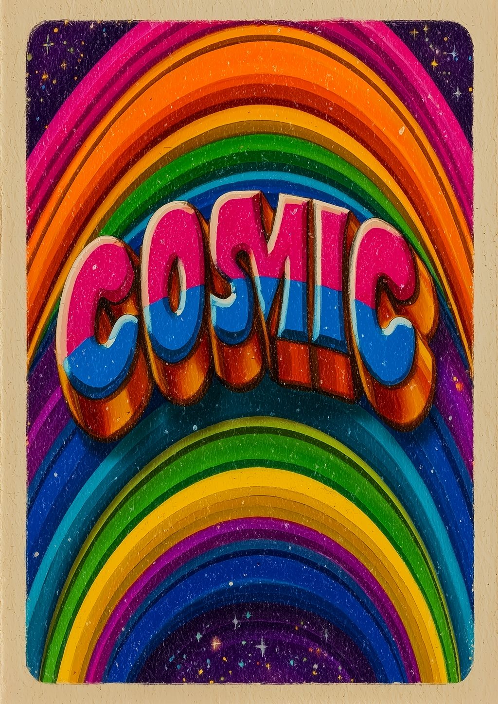 COSMIC – bunter Retro-Kunstdruck mit Regenbogenwellen und 70s-Typografie auf kosmischem Hintergrund