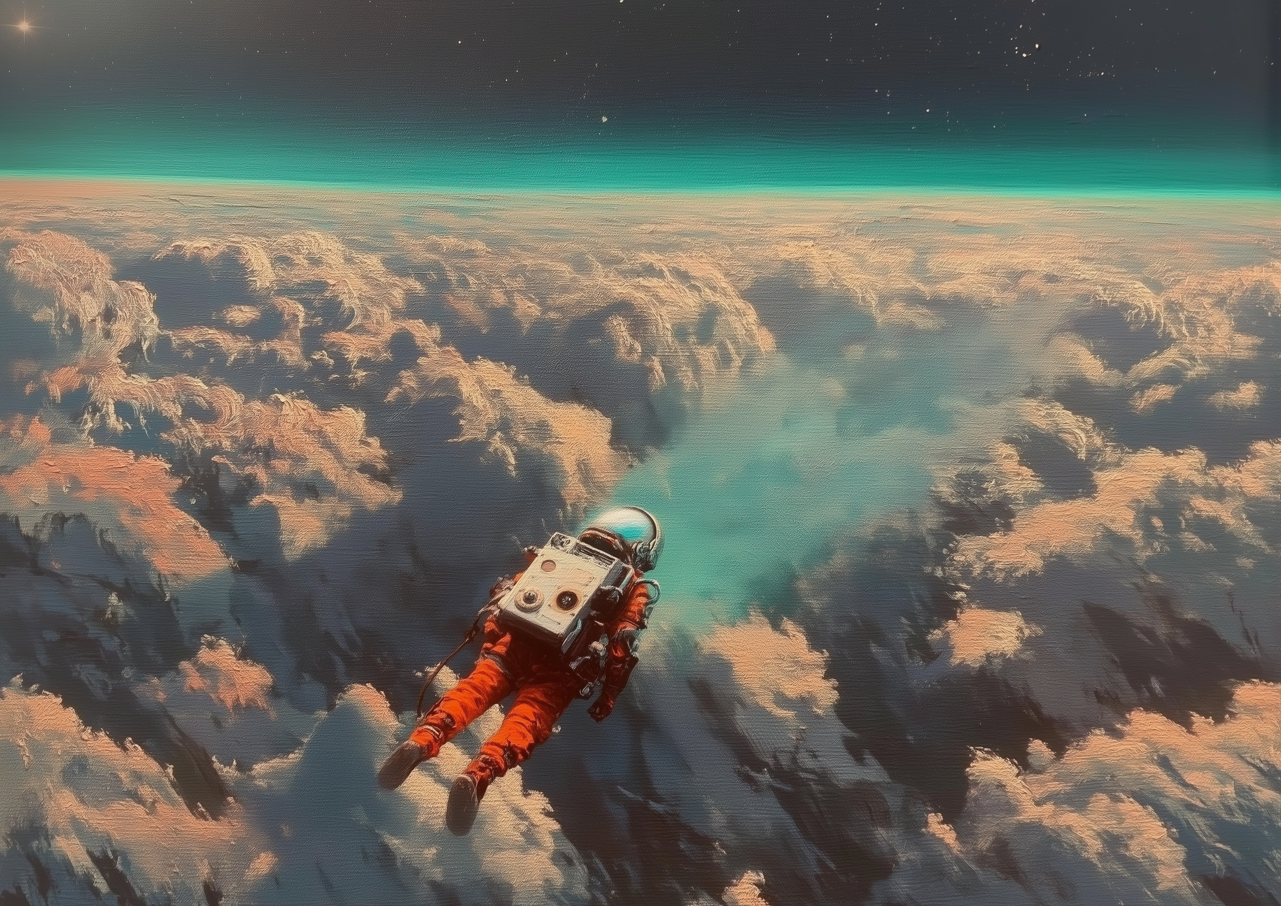 COSMIC DRIFT – Astronaut schwebt über Wolken vor türkisem Horizont, Sci-Fi – eleganter Kunstdruck