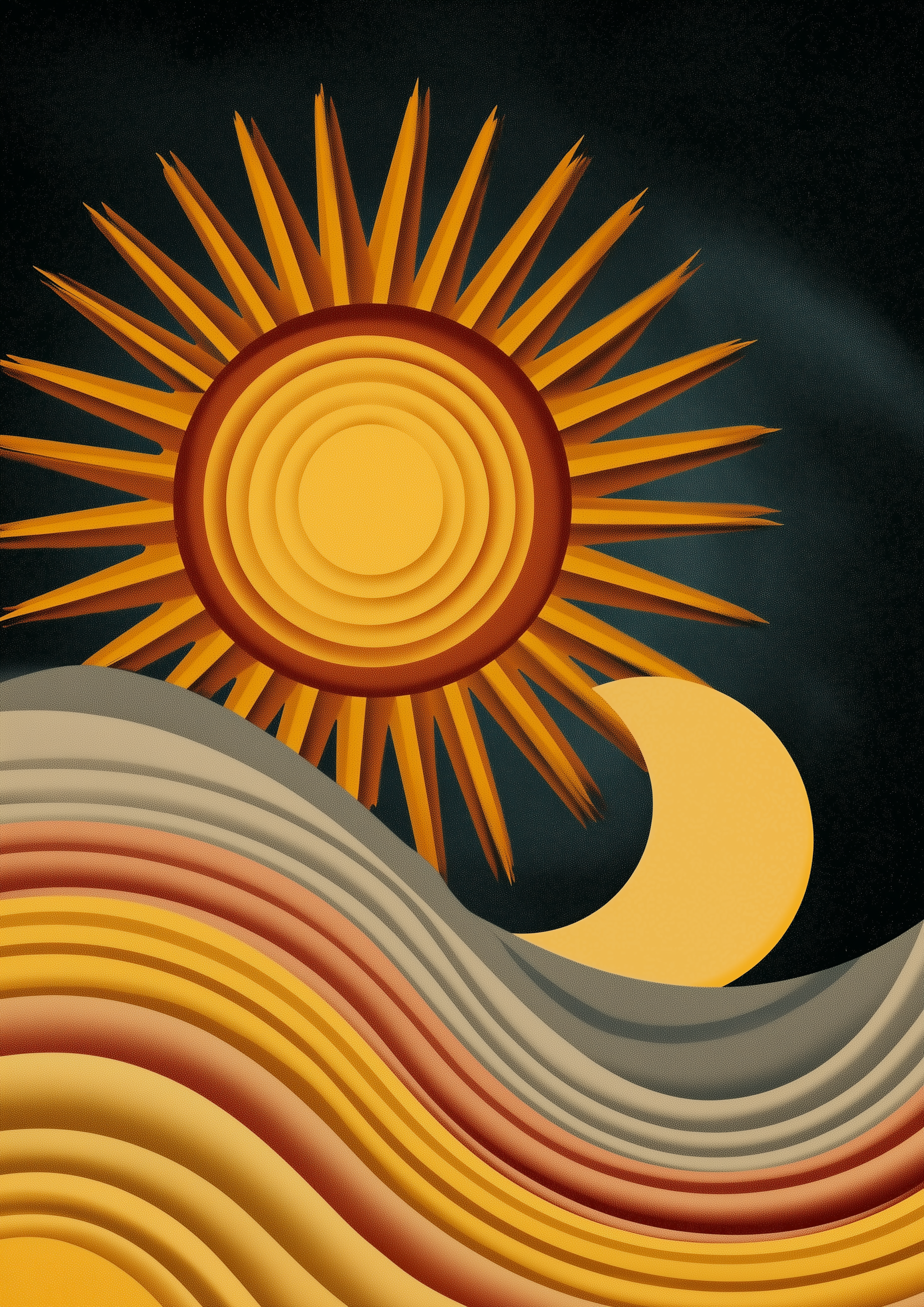 Retro Sonne und Mond mit Wellen in Erdtönen – grafischer Fine Art Kunstdruck