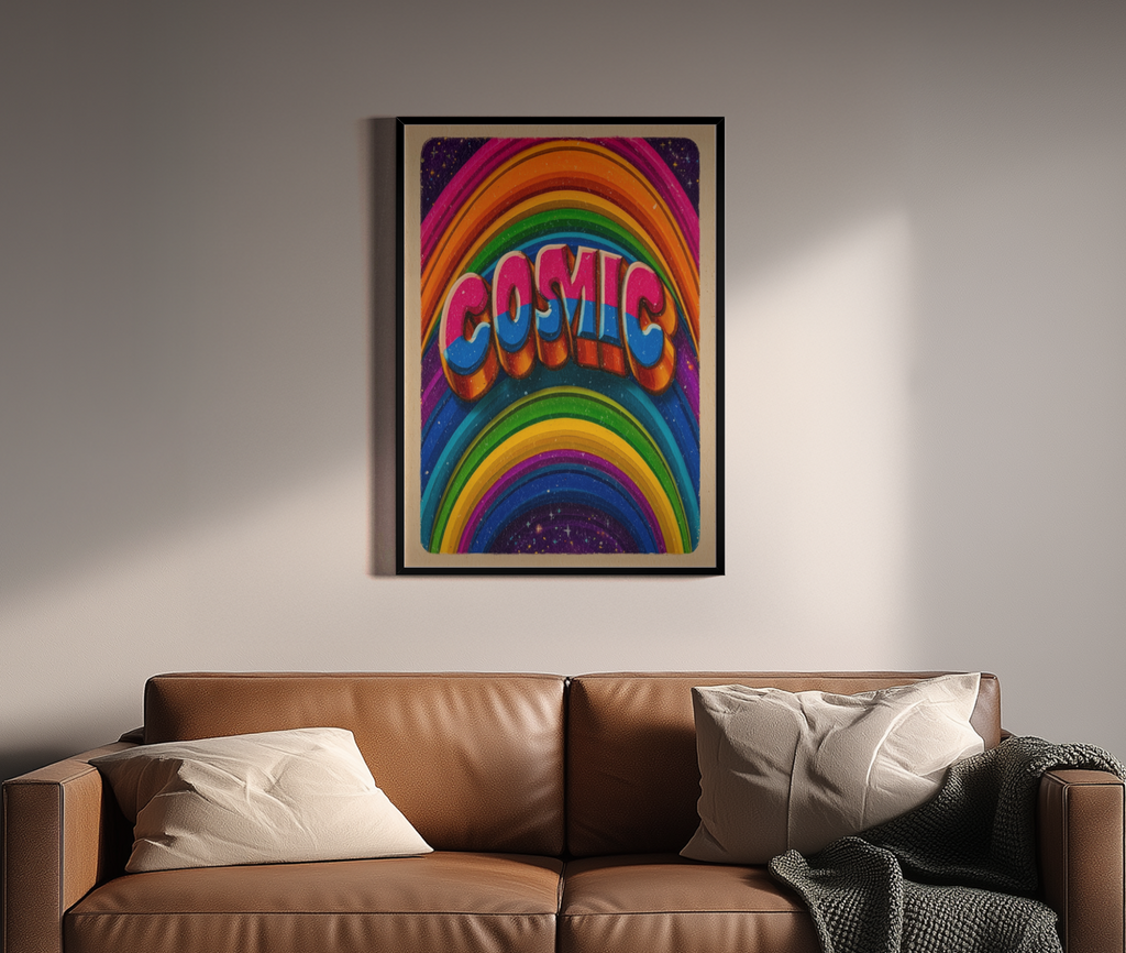 COSMIC – bunter Retro-Kunstdruck mit Regenbogenwellen und 70s-Typografie – Wandbild über braunem Ledersofa