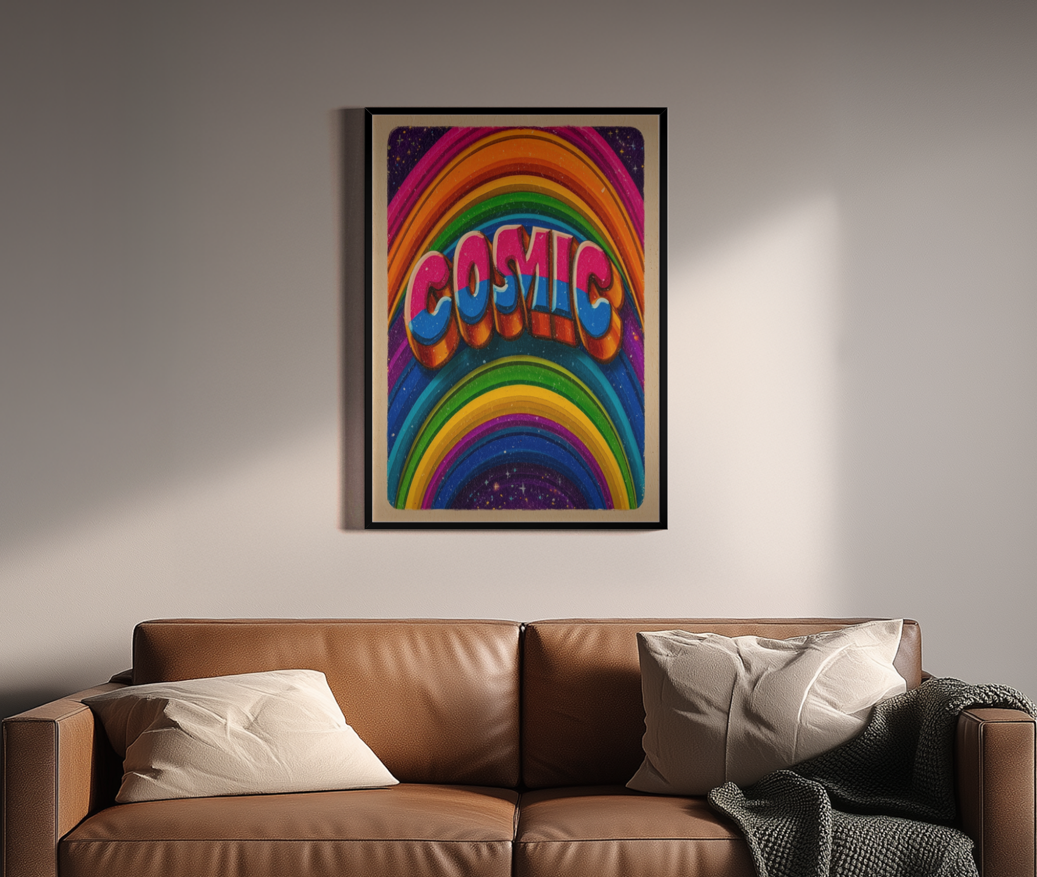 COSMIC – bunter Retro-Kunstdruck mit Regenbogenwellen und 70s-Typografie – Wandbild über braunem Ledersofa