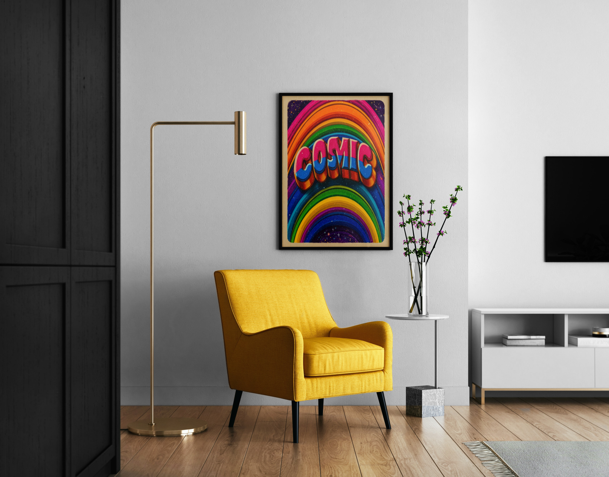 COSMIC – bunter Retro-Kunstdruck mit Regenbogenwellen und 70s-Typografie – Wandbild im modernen Wohnzimmer