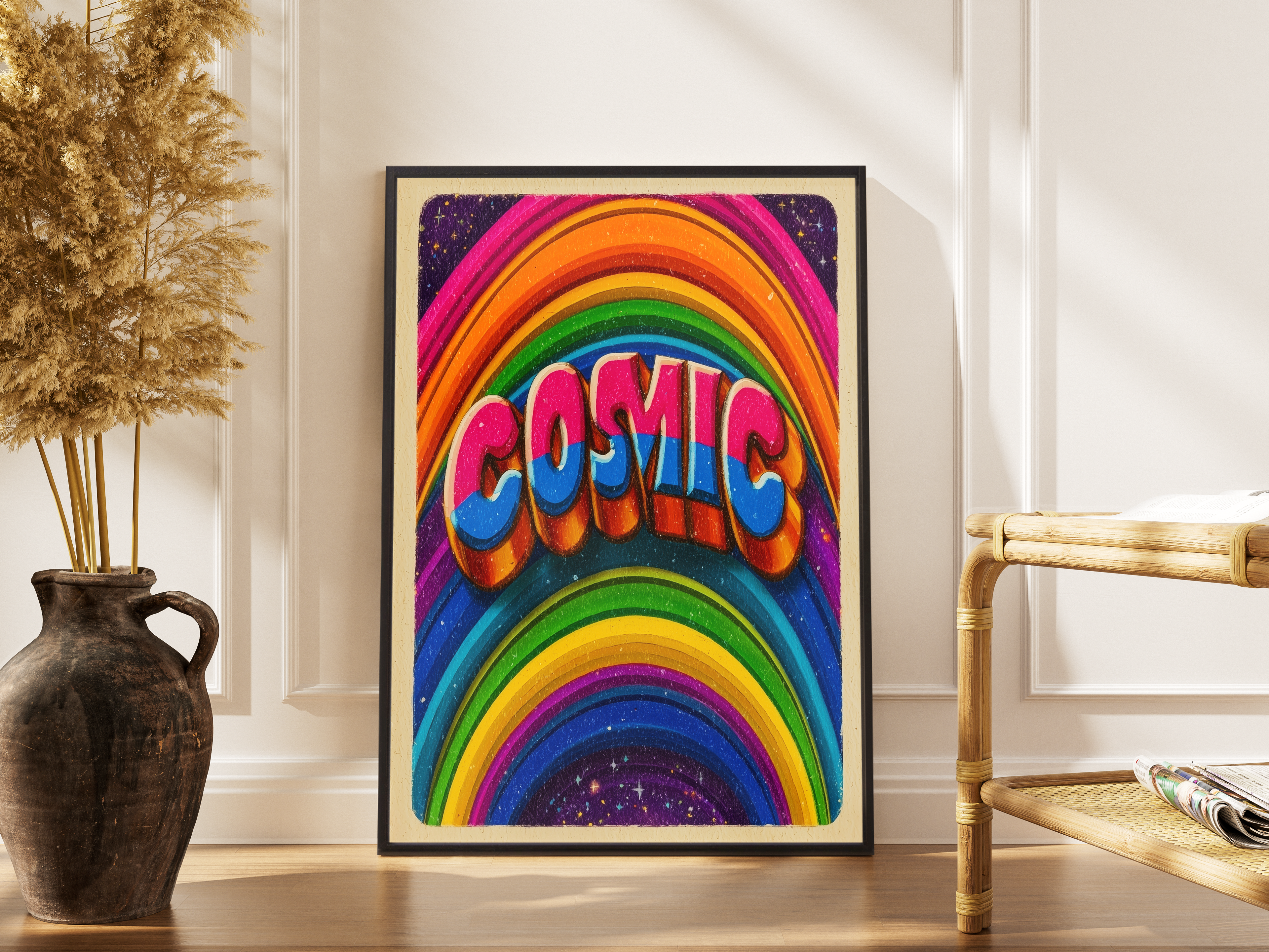 COSMIC – bunter Retro-Kunstdruck mit Regenbogenwellen und 70s-Typografie – gerahmtes Poster kaufen