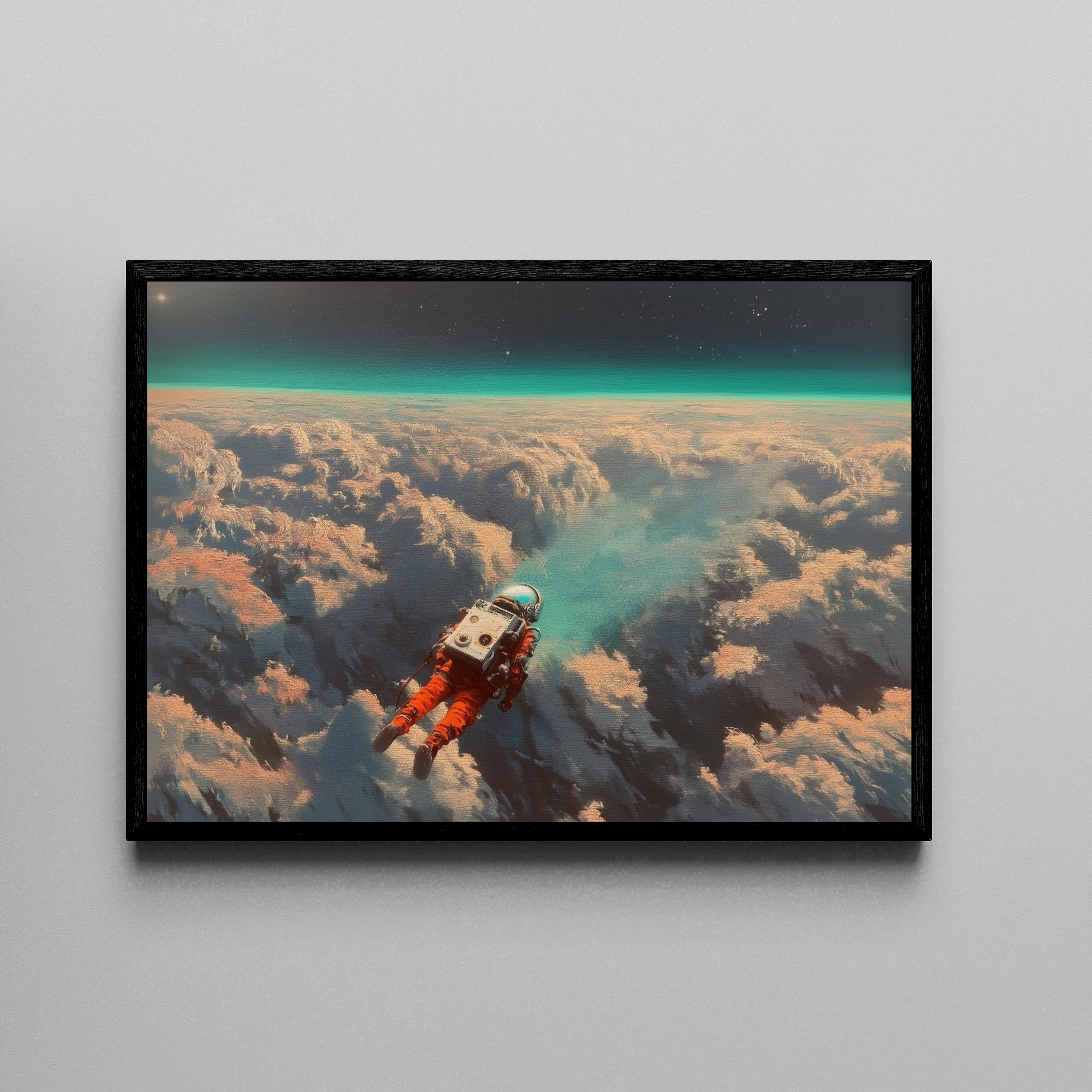 COSMIC DRIFT – Astronaut schwebt über Wolken vor türkisem Horizont, Sci-Fi – Poster im schwarzen Rahmen