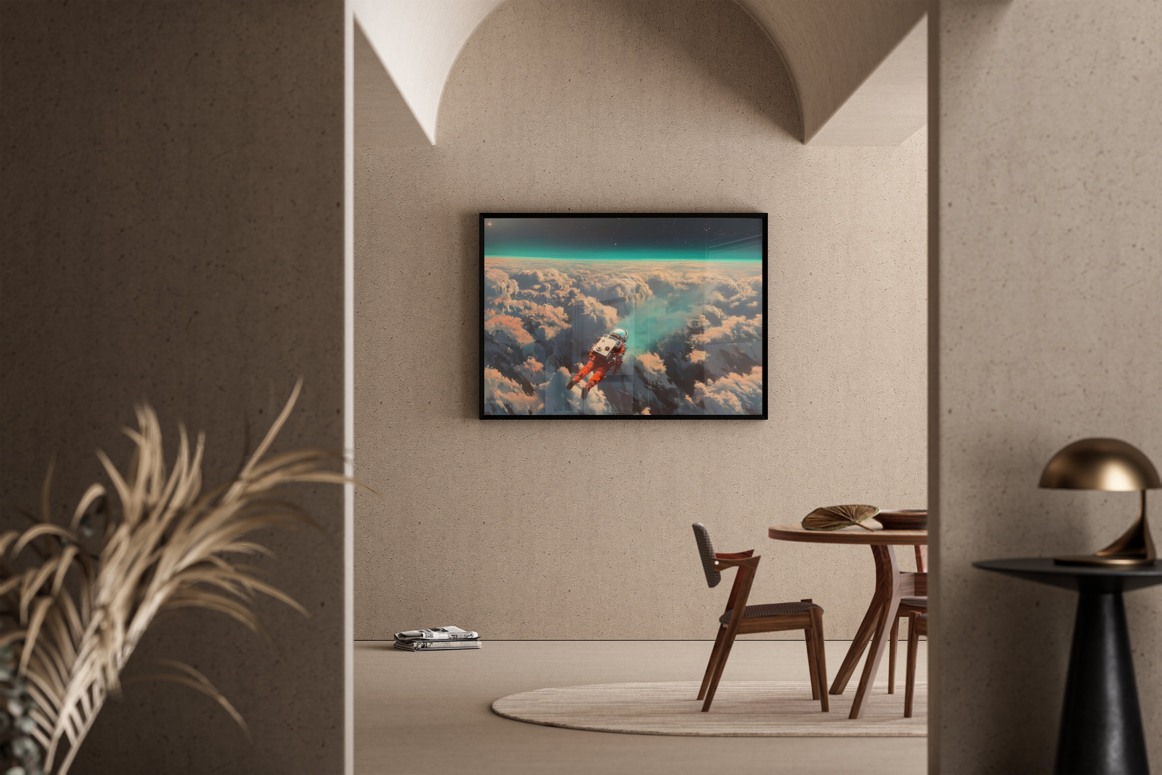 COSMIC DRIFT – Astronaut schwebt über Wolken vor türkisem Horizont, Sci-Fi – Poster im Esszimmer