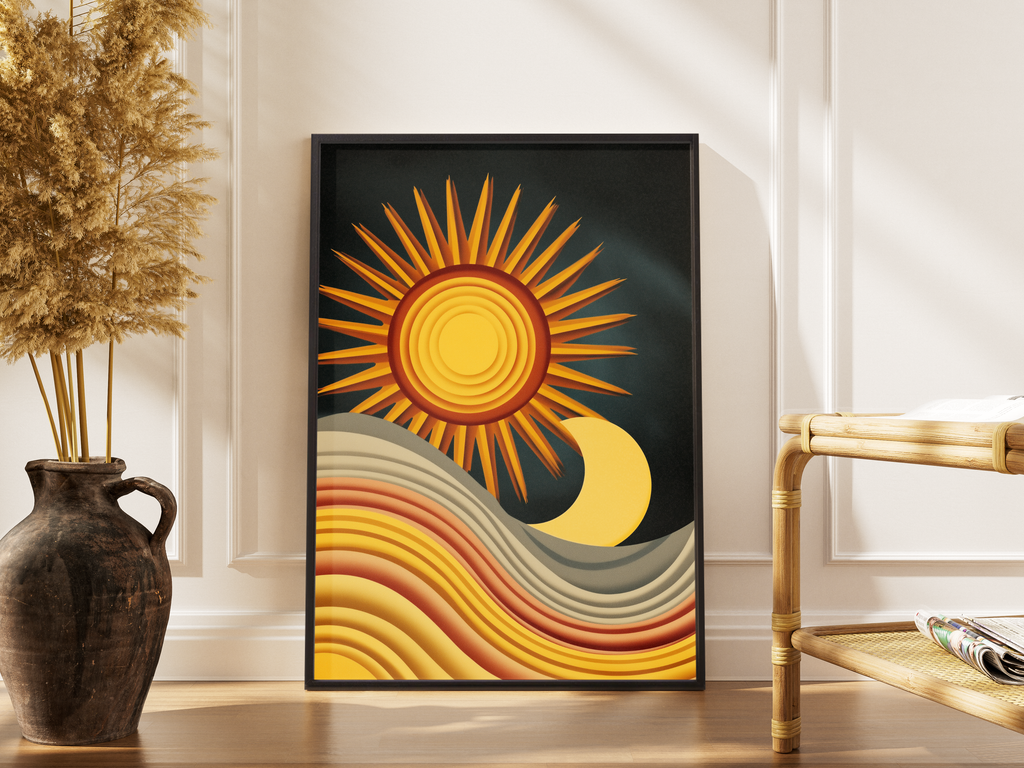 Retro Sonne und Mond mit Wellen in Erdtönen – gerahmter Kunstdruck kaufen