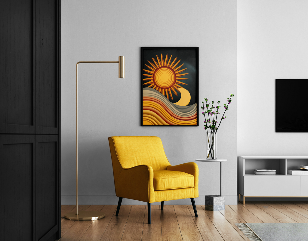 Retro Sonne und Mond mit Wellen in Erdtönen – grafisches Poster im modernen Wohnzimmer