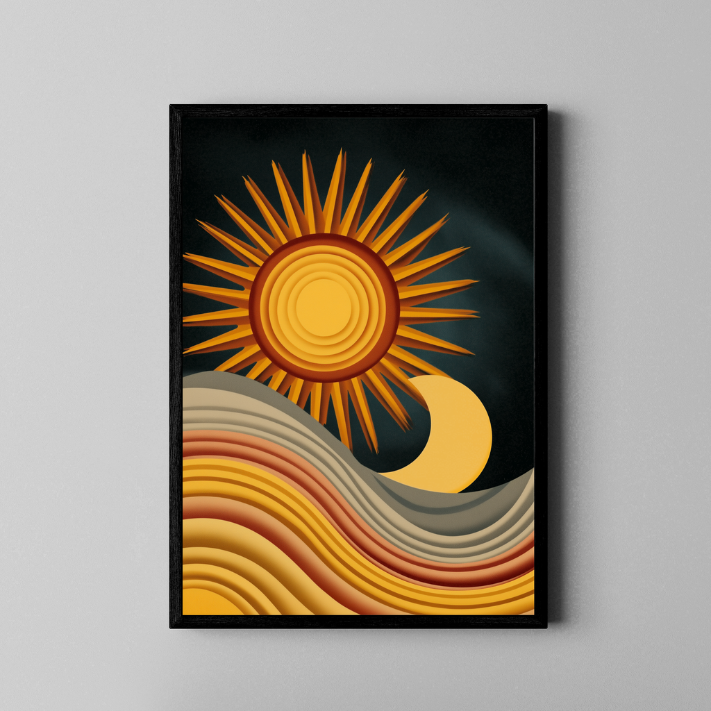 Retro Sonne und Mond mit Wellen in Erdtönen – Fine Art Poster im schwarzen Rahmen
