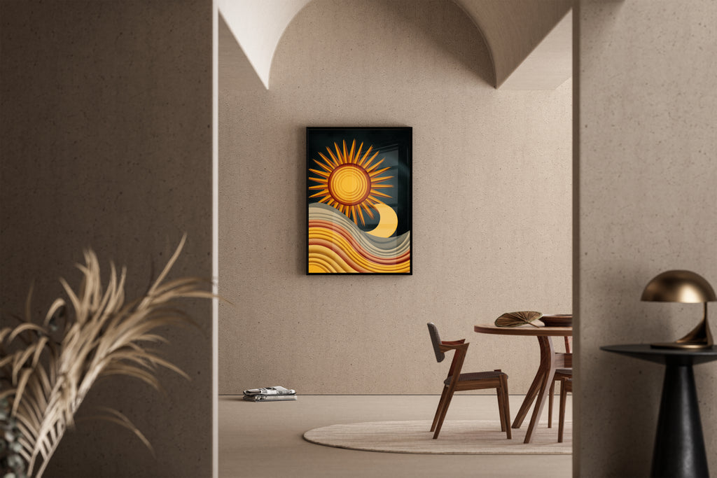 Retro Sonne und Mond mit Wellen in Erdtönen – Kunstdruck im mediterranen Esszimmer