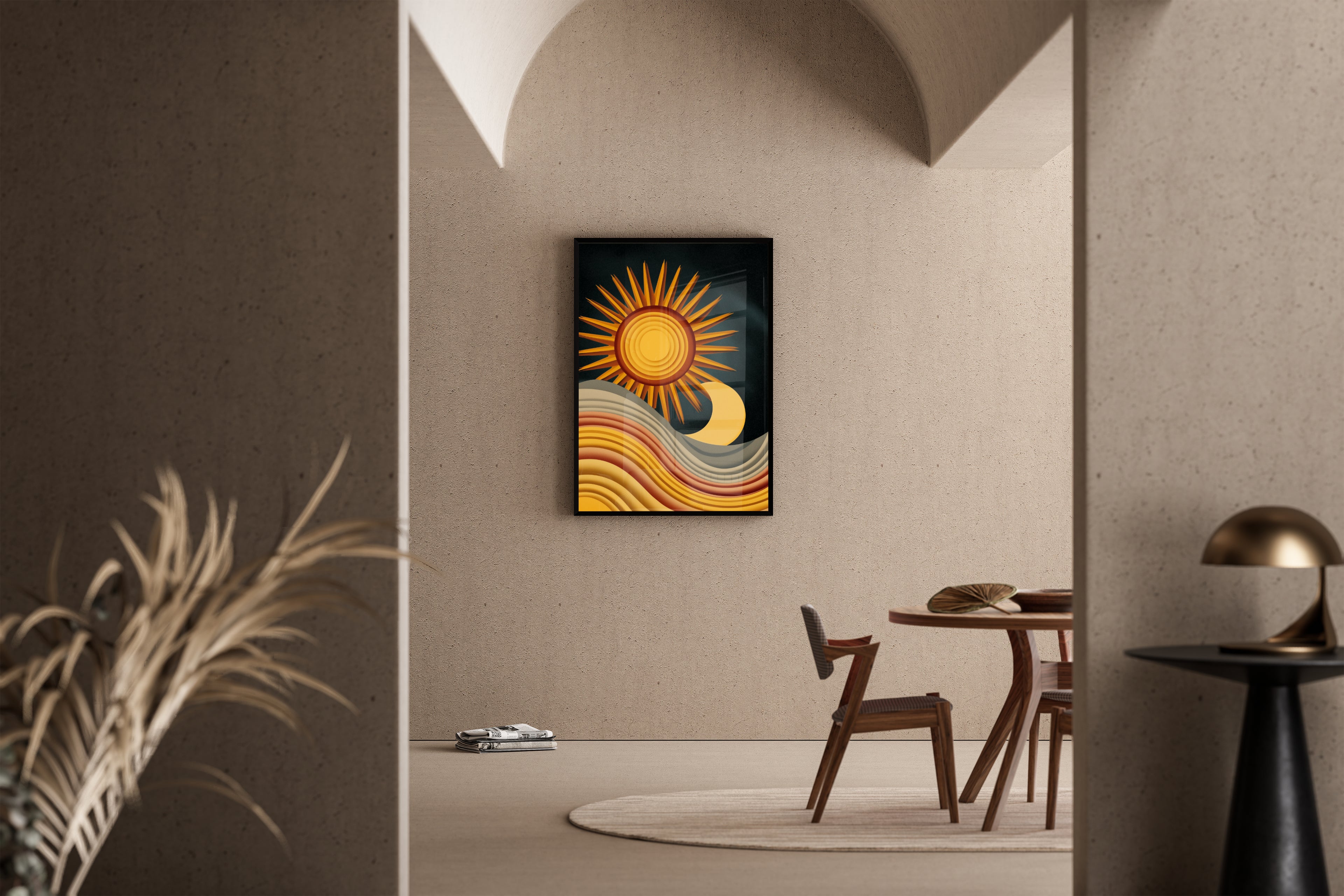 Retro Sonne und Mond mit Wellen in Erdtönen – Kunstdruck im mediterranen Esszimmer