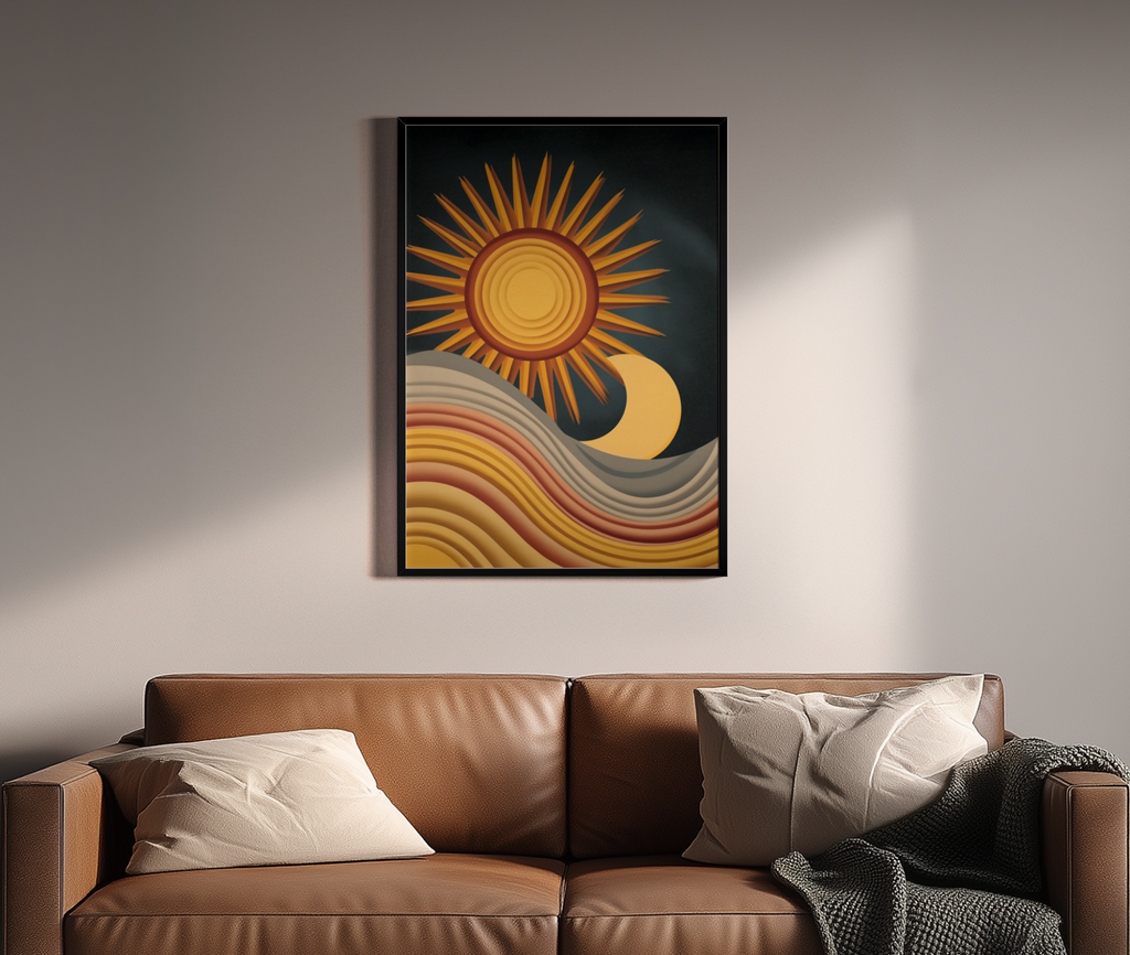 Retro Sonne und Mond mit Wellen in Erdtönen – Wandbild über braunem Ledersofa