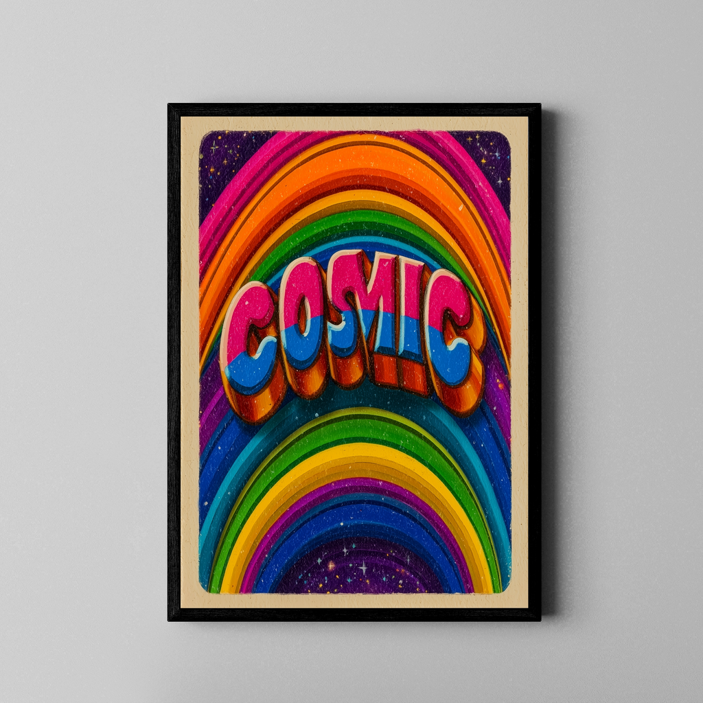 COSMIC – bunter Retro-Kunstdruck mit Regenbogenwellen und 70s-Typografie – Poster im schwarzen Rahmen